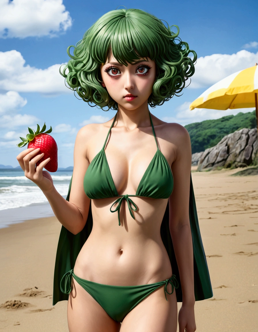 One Punch Man Tatsumaki (hyper realistic, , big eyes, sexy 2 piece bikini) looking disappointed at viewer, holding one strawberry. beach, japan
