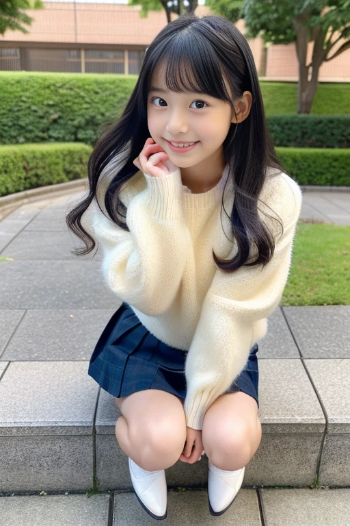(((masterpiece))), (((Full body photo)))， (Beautiful Japanese Girl, Innocence，cute) ，Ultra-high resolution, Realistic, Ultra-detailed, 8k,Highest quality, Very detailed, Detailed Background,Slender,とてもBeautiful Japanese Girl, Detailed face:1.3), (Fluffy long hair,Black-haired :1.4), (Baby Face，cute系,Adorable 12 year old girl), (Perfect body:1.1),，Cute Smile:、show me your beautiful teeth、非常にDetailed face、Detailed lips、Detailed eyes、 gravure idol，Clear Skin、Realistic:1.37，No makeup，Neutral lighting,(Highest quality, masterpiece), (One girl, alone, school uniform,Navy blue jumper skirt,,Are standing , View your viewers, Beautiful clavicle、have a paperback book、Mouth closed, Upper Body),(at the library)