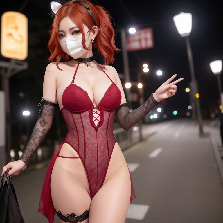 Red-haired、goth_punk, 1girl in, solo, medium shot, Walking in Harajuku, ((during night)), bokeh dof, Neon light, Iridescent eyes, starrysky, Red glowing hair, White eyebrows, Radiant hair, (iridescent white hair), earrings, bangss, jewely, masks, bluntbangs, verd s eyes, Mouth mask, blurry backround, bblurry, hair adornments, Look at viewers, shorth hair, portraitures, side locks