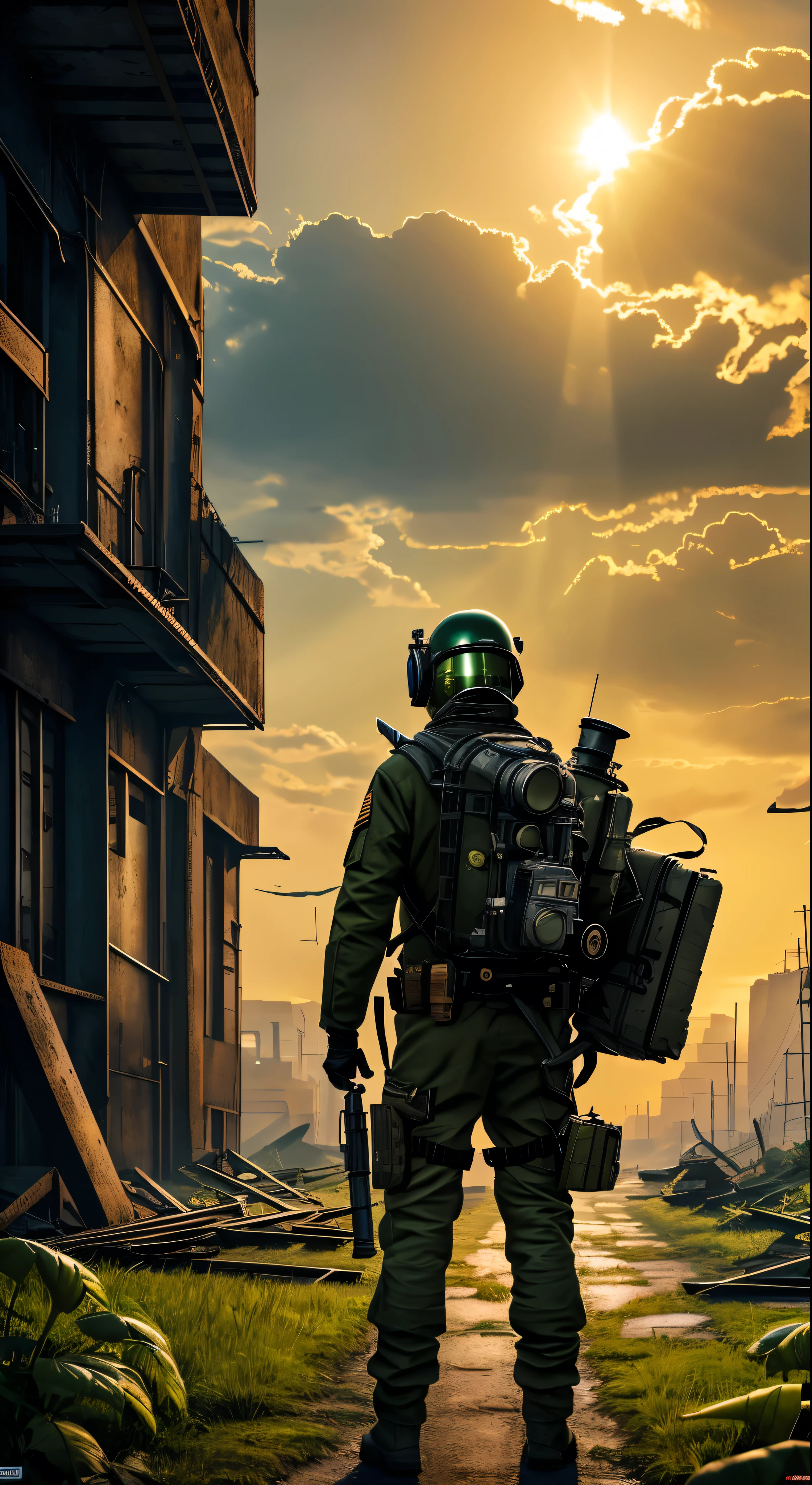 (Ultra detailed), (masterpiece), (best quality), (very detailed CG unit 8k wallpaper), a man in hazmat gas mask suit exploring abandoned city, following the road, polluted, abandoned, (green sky), neglected, dawn, concept art, (small growths of tiny shiny fungi, roots, spores, polluted air), (greenish sky), dark, post-apocalypse, cinematic, highly detailed, stylized wallpaper