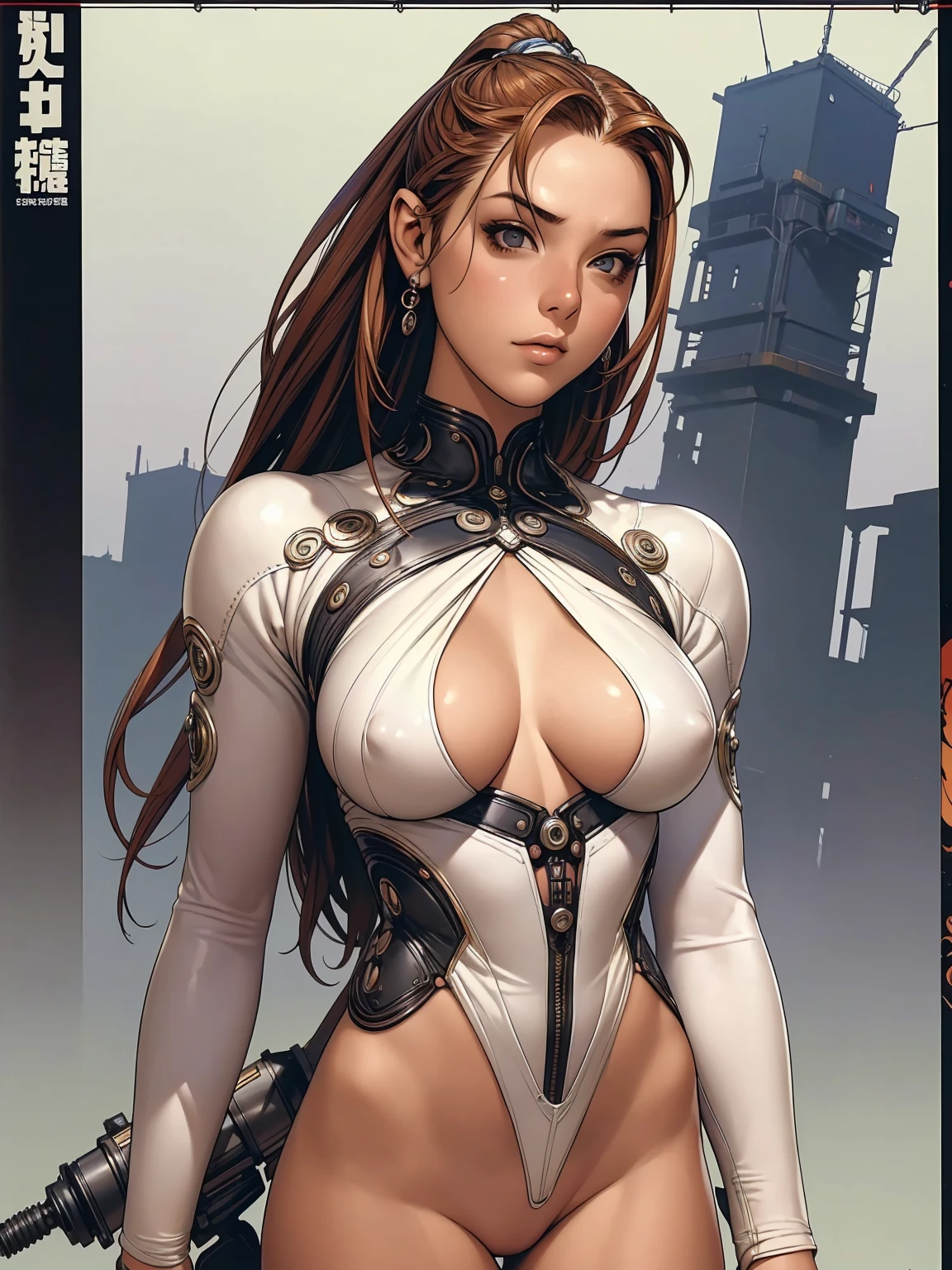 (((best final quality))), ssmile(((standing alone:1.2))),(((1 girl:1.2))),((((beautiful perfect woman)))),(((perfectbody detalhado, perfect finger detailed))),((((((final film poster)))))),(((to burst, close up))),((((detailed complicated machine)))),(((((mechanical genius))))),(((American comics))),(((extreme highlights))),(((extremely colorful, primary colours))),neckleace, super beautiful lady,(((Typography))),text, (Unbeatable masterpiece), (hiper HD),(CG 8k hyper-realistic), (((brave face))), (((breasts big))), (((hyper feminine))), (((musclegirl))), sexly girl, king of fighter,(straight hair with thin braids)), ((( sculptural body ))), (((1 girl))), garota de 25 anos com perfectbody,,Beautiful and well-groomed face,muscular body:1.2,solid color detailed jacket, (Head to thigh photos), Complex equipment, (((standing alone))), pirralha violent, ((())), sexly, pose de atitude, work of art, post-apocalypse, (((manga style))), bounty hunter, violent, Manic, the way you want, slenderbody, thin but strong, perfectbody, roupa moderna, advanced technology, neon, sleeves with vertical striped pattern, intricate background, (( cowboy shot )). intricate visual