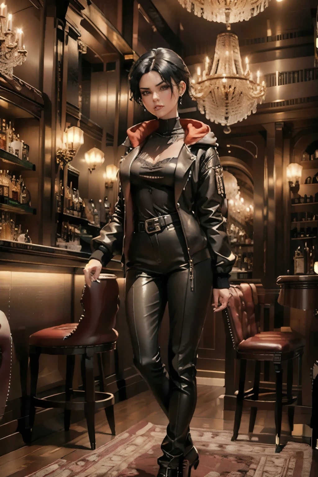 (pixelart: 1.2), beautiful gothic women, sexy goth girl, designer sweatshirt coat with logos, pants, short black hair with blue tips, bedroom, lying in bed, (by Isaac quek: 0.8) [by Ilya Kuvshinov: 0.65] in a Gentleman's club 