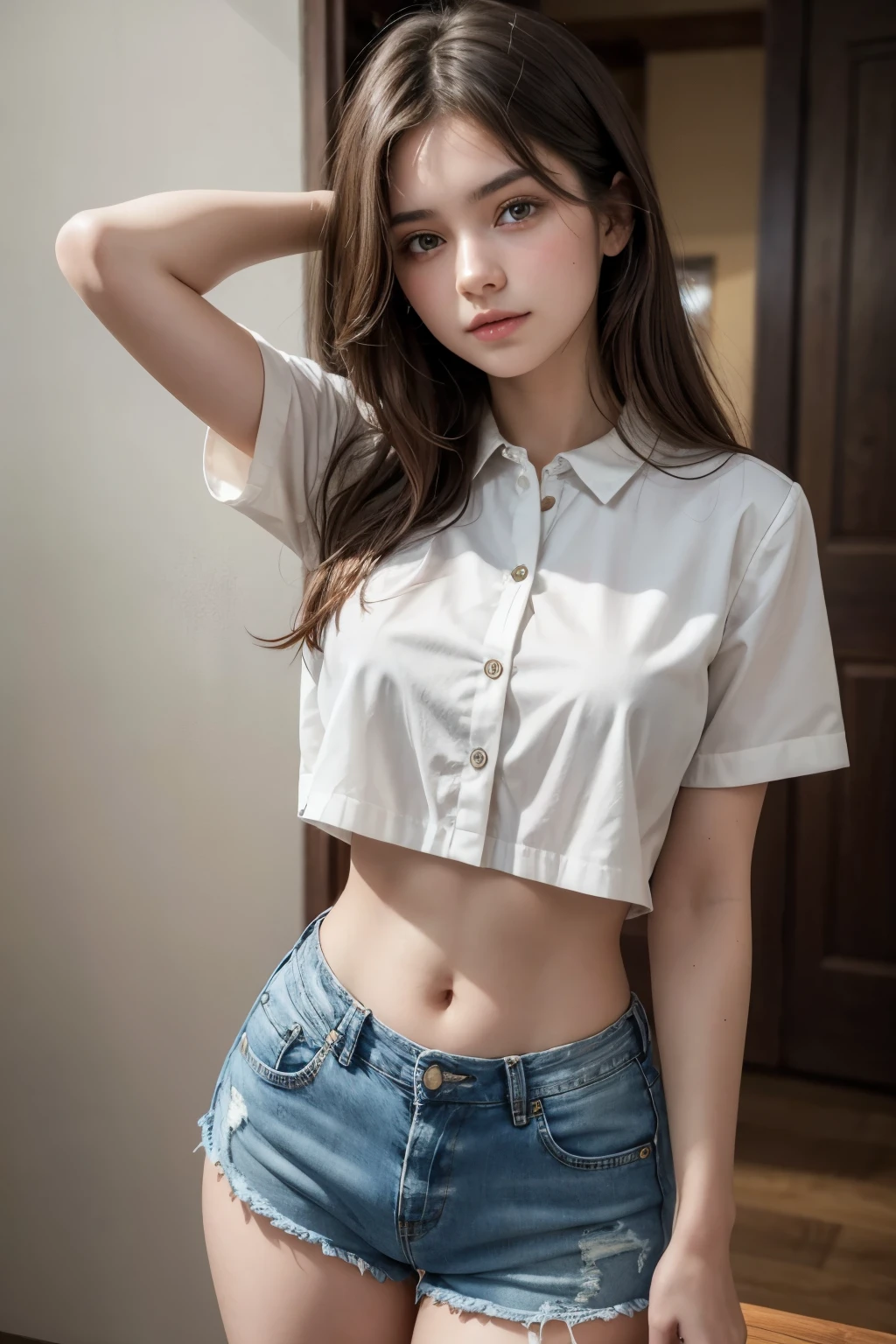 Beautiful 18 year old brunette girl wearing a blouse with one hand on her waist and the other hand on her head and wearing high waisted denim shorts with four buttons and her navel showing
