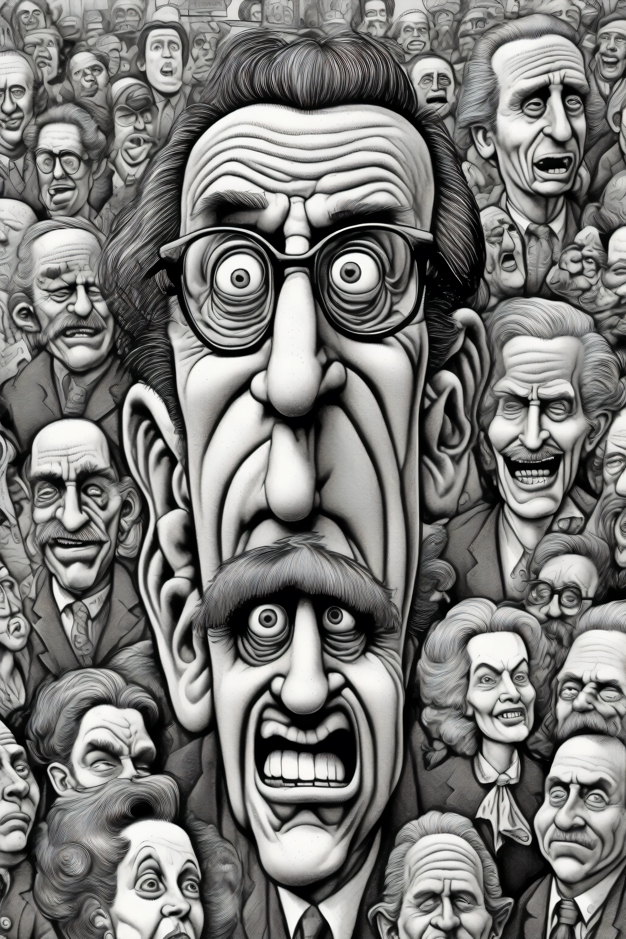 Robert Crumb Style - illustration in the style of Robert Crumb of a president, unique scenes, intricate and detailed linework, cross-hatching and fine lines to create texture and depth, certain physical attributes to convey personality and emotions, highly expressive facial expressions, wide range of emotions, often conveying satire, humor, or social commentary, style emerged from the underground comix movement of the 1960s and 1970s, countercultural themes