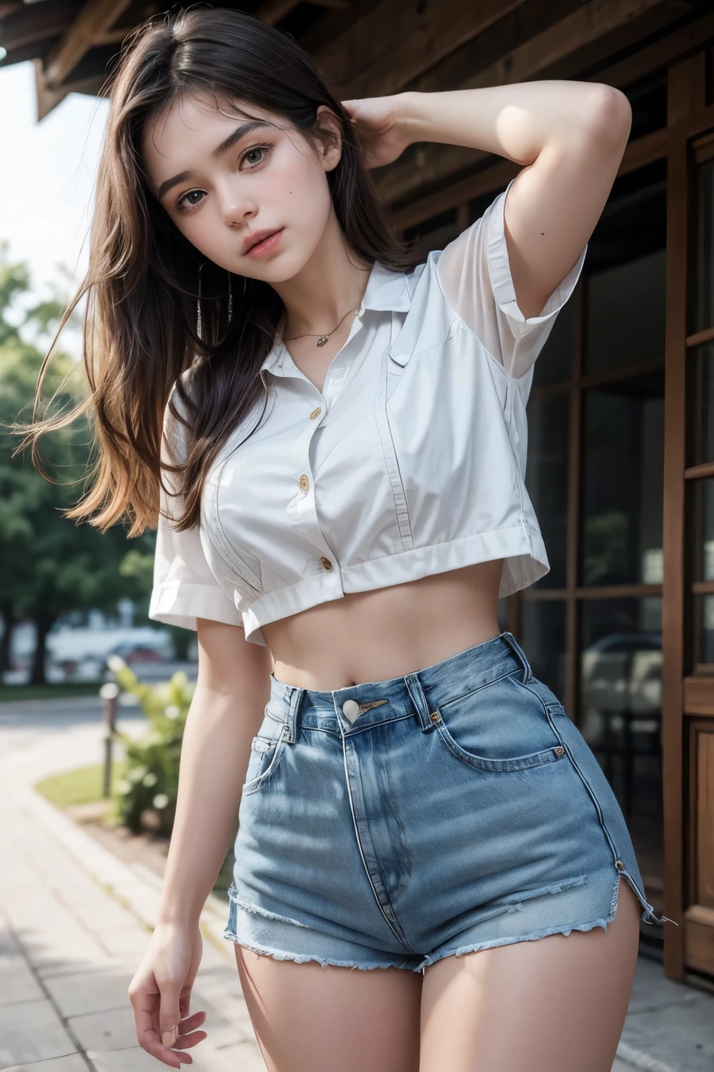 Beautiful 18 year old brunette girl wearing a blouse with one hand on her waist and the other hand on her head and wearing high waisted denim shorts with four buttons and her navel showing