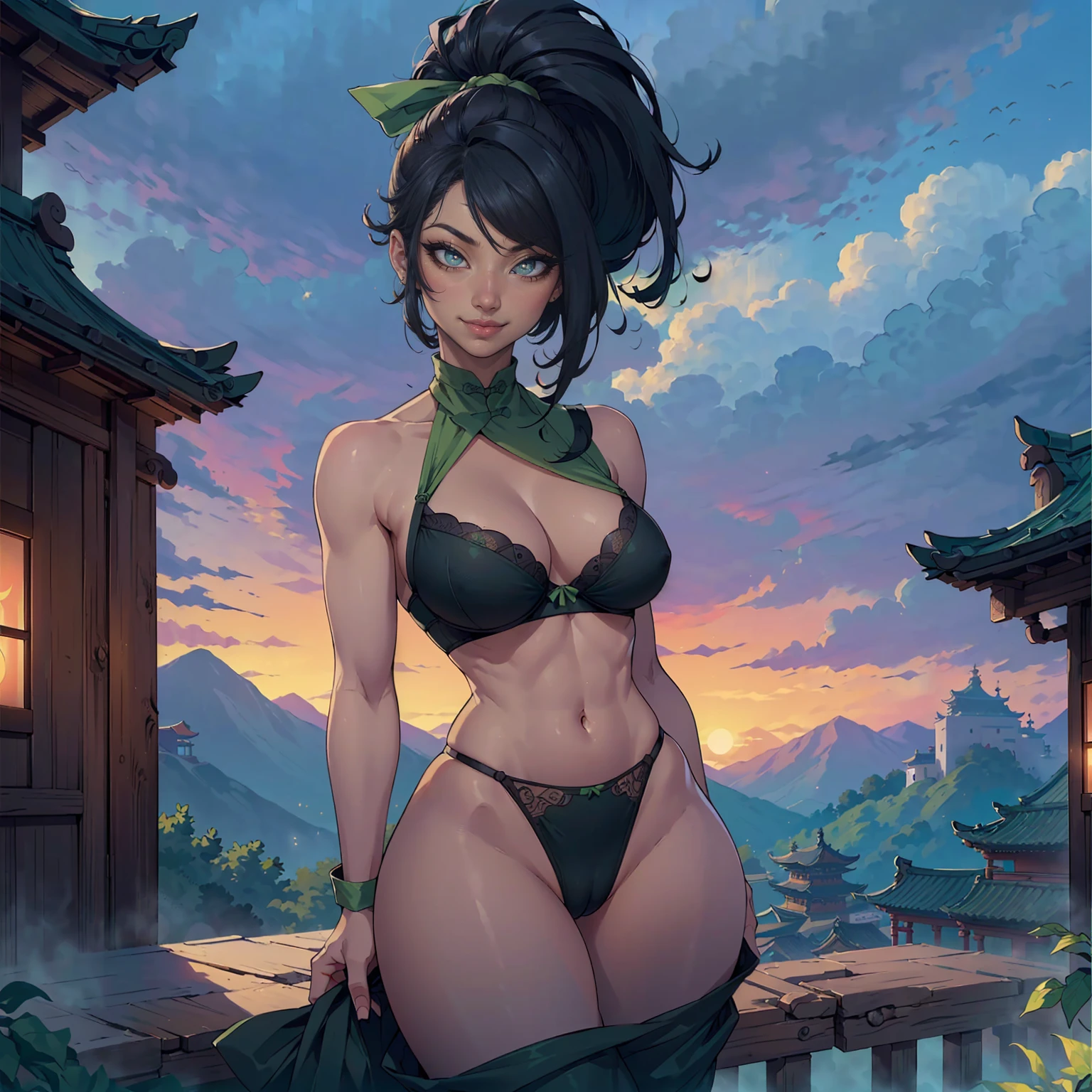 (((solo,1woman, mature, alone))), akali, ((black hair, long hair, long bangs, ninja, ponytail, Green Ribbon, glowing green eyes, wide eyes, makeup, narrow waist, skinny, medium breasts)), pelvic curtain, ((micro black panties, micro black bra)), full body, perfect body, (insanely detailed, beautiful detailed face, masterpiece, best quality), (extremely detailed 8k paper CG wall unit: 1.1), (chinese scenery, temple, dusk, color, yellow, red, cloudy sky)), (smile face for the viewer), cameltoe view