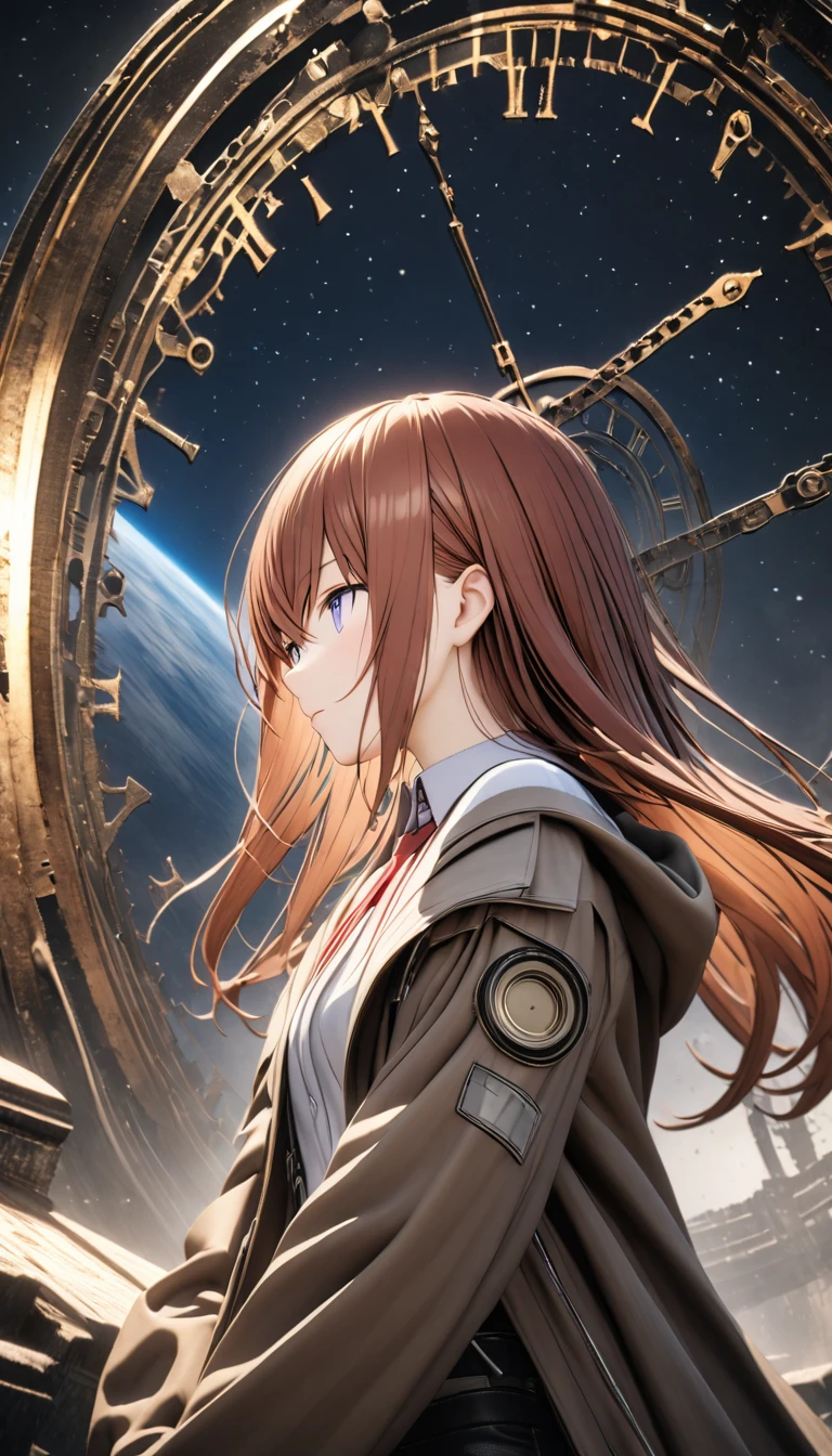 One girl, makise kurisu, Stein;Gate,3D Rendering, CG, , Portraiture, alone, Half Shot, look up, Detailed Background, Detailed face, Dystopia [Futuristic|timeless], Impossible space, Circular pattern, (Style - Swirl Magic:1.0), hourglass, clockwork, Clock Gears, Outer space background, Magnificent atmosphere
