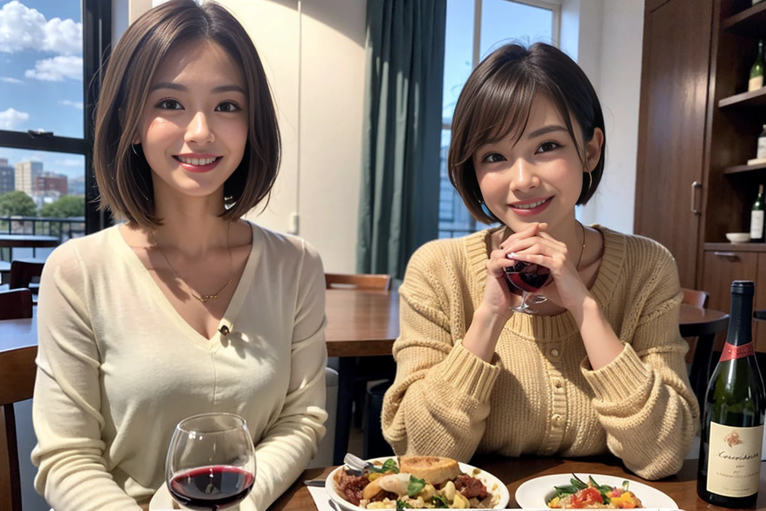 （Realistic:1.1）,(masterpiece,Highest quality)，8k,(56 years old), 53 years old, ベリーslimボディ、slimカップル、Tight waist,Upper Body,full-course dinner、wine 、Amazing view of the sunset sky and clouds、Perfect Anatomy, Brown Hair, short hair,Random Hairstyles,((Highly detailed face and eyes:1.2))，Perfect golden ratio face，Long sleeve shirt、dress,(smile:1.2)、Shortcuts、cute、(Realistic, Intricate details:1.2), A bright smile、short hair,Bright Face、赤wine 、Appetizers、Italian food、wine bottle、Champagne、スパークリングwine、(slimな顔), (The body is slim), (Brown Hair), (Shortcuts),  Upper Body, 白wine, slim, wineグラス, 