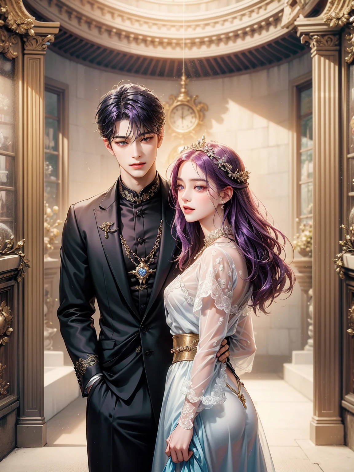 masterpiece, top quality, 2 people, male and female couple, 1 man and 1 person,, adult, height difference, Other fashions, different color, Detailed eyes and detailed face, intricate details, shrine'cloth, oversized shirt, modern city streets, put one's hand on one's back, smile, happiness, tenderness, High level image quality、 Beautiful Men、tall、hug from behind、trying to kiss、window、nightfall、night scene、lol、Korean Male, Idol Pictures, Kpop, professional photos, vampire, Korean fashion in black and white, pedoman with necklace, Inspired by Sima Jeong, 중성적인 vampire, :9 detailed faces: 8, more detailed face, Detailed punk hair, ((job)) Loose eyes, fascinating. very detailed, semi-realistic animation, vampire, surreal teenager, a delicate androgynous prince, sheep, short hair above the ears, Man with short hair, Woman with long hair, A man with a gentle expression and a woman with a gentle expression, With a short-haired man with bright purple hair, Woman with pretty long pink hair、8K
