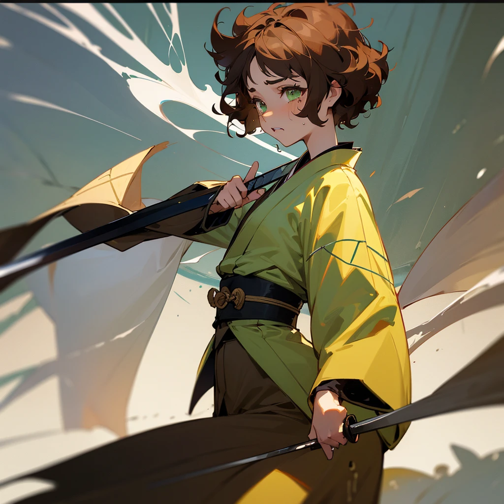 light skin girl, green eyes, short hair, Brown hair, curly hair, moles on the face, dressed provocatively, with a katana in hand. crying, walking. Looking at a fixed point. kimono.