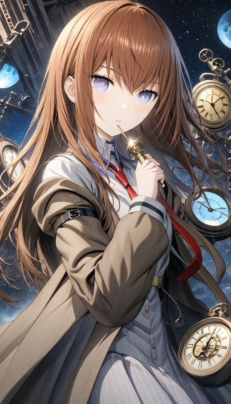 One girl, makise kurisu, Stein;Gate,3D Rendering, CG, , Portraiture, alone, Half Shot, look up, Detailed Background, Detailed face, Dystopia [Futuristic|timeless], Impossible space, Circular pattern, (Style - Swirl Magic:1.0), hourglass, clockwork, Clock Gears, Outer space background, Magnificent atmosphere