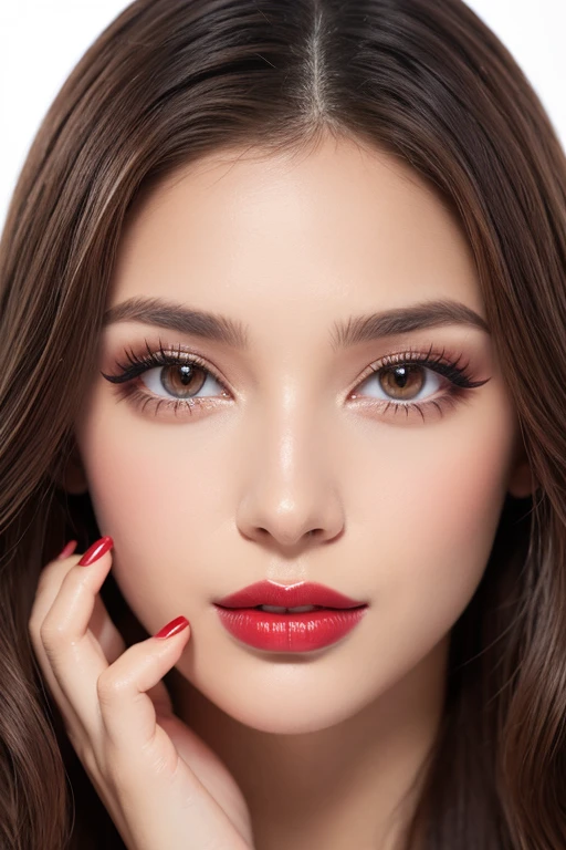 1girl, solo, long_hair, looking_at_viewer, brown_hair, photoshop_(medium), original, brown_eyes, parted_lips, teeth, nail_polish, lips, fingernails, eyelashes, makeup, lipstick, close-up, portrait, red_nails, hand_on_own_face, eyeshadow, realistic, nose, red_lips, mascara