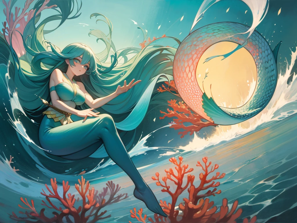 Create an awe-inspiring oil painting that captures the enchanting beauty of a Japanese mermaid gracefully gliding through the depths of the ocean. Using bold and expressive brushstrokes, convey the fluidity and movement of the water as it swirls around the mermaid's ethereal form.

Imagine a scene where the mermaid emerges from the depths, her long, flowing hair cascading like seaweed around her luminous figure. Her eyes shimmer with wisdom and mystery as she gazes into the distance, beckoning viewers into the enchanting world beneath the waves.

With masterful strokes of the brush, depict the intricate details of the mermaid's scales, shimmering with iridescent hues of blue and green. Let the play of light and shadow dance across the canvas, evoking the ever-changing currents of the ocean depths.

In the background, paint a panorama of coral reefs, swaying sea plants, and exotic marine life, creating a vibrant tapestry of color and movement that surrounds the mermaid in her watery domain.

As viewers gaze upon the painting, they are transported into a world of magic and wonder, where the boundary between reality and myth fades away. "Song of the Deep" is not merely a painting—it is a mesmerizing symphony of color, texture, and emotion that celebrates the timeless allure of the sea and the mysterious beauty of the Japanese mermaid.