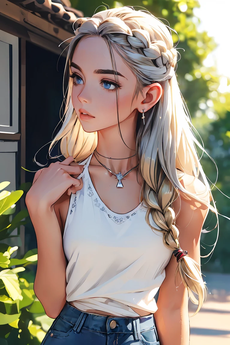 ((ultra quality)), ((Masterpiece artwork)), gnome girl, short in stature, ((blonder woman, long hair, braided)), (silver earrings), (silver necklace around the neck), (Beautiful cute face), (beautiful female lips), enchanting, ((sexy facial expression)), is looking at the camera, eyes are slightly closed, (cor da pele: offwhite), Body shine, ((beautiful detailed female eyes)), ((dark blue eyes)), (juicy female lips), (beautiful female hands), (Figure a little full, good), ((perfect female figure)), perfect female body, beautiful waist, beautiful hips, beautiful medium breasts, ((subtle and beautiful)), seductively worth it (rear view) (close do rosto), (wearing blackface jeans, offwhite tanktop) fund: on the doorstep of the house, hot day, ((Depth of field)), ((high quality clear image)), (sharp details), ((highy detailed)), realisitic, professional photo session, ((Focus Clear)), the anime
