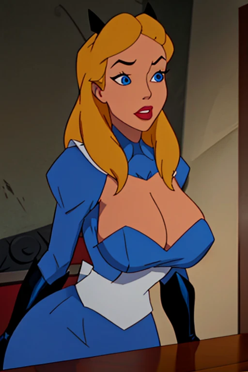 Batman transformed into a docile sexy female bimbo Alice with huge breasts and thick lips