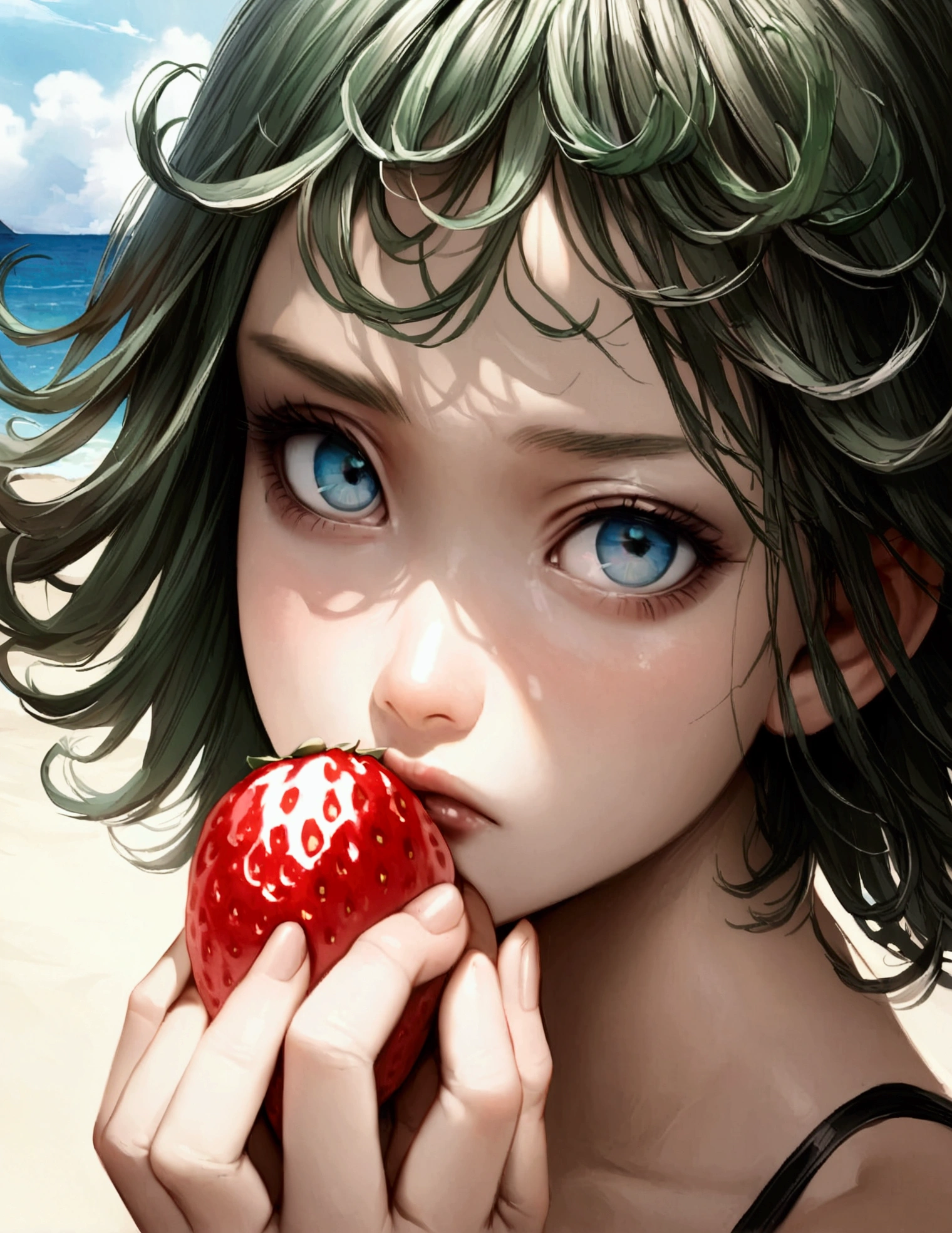 One Punch Man Tatsumaki  (hyper realistic, , big eyes, sexy 2 piece bikini) looking disappointed at viewer, holding one strawberry. beach, japan, show all of her head to toe