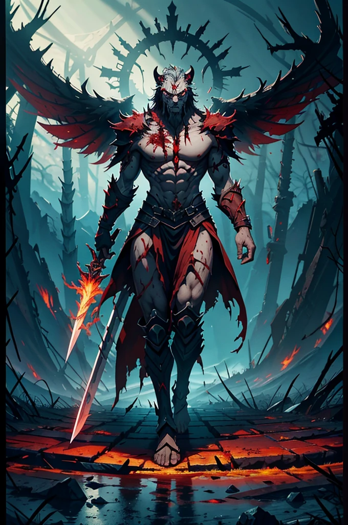 Varkas the Unbroken stands amidst the carnage of the battlefield, his eyes scanning the horizon for any remaining foes. The stench of blood and steel hangs thick in the air, but Varkas remains unfazed. He raises his massive sword, still dripping with the crimson essence of his fallen enemies, and lets out a thunderous roar that echoes across the desolate landscape.