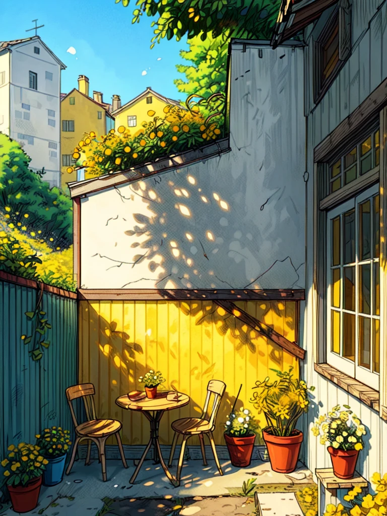 wide view, a worn off yellow big wall, white wooden dining setup in front, outdoors, sunlight falling through, shade, shed, yellow flowers pot on table, bushes, cracks, scribbing on the wall, vibrant color tones, ghibli style, no humans, scenery, masterpiece, high resolution 