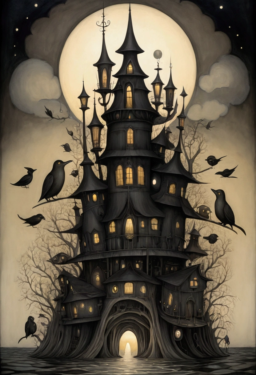 ((Inspired by John Kenn Mortensen)), Fusion of oil painting and watercolor, An artwork depicting several black creatures, Cool, Lovely, Total darkness, A ray of light, And various shades and gradients, best quality, Ridiculous, Extremely detailed, Beautifully, Gorgeous and dynamic depiction,