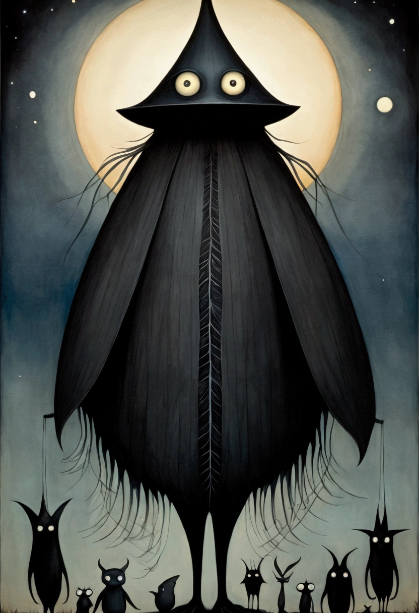 ((Inspired by John Kenn Mortensen)), Fusion of oil painting and watercolor, An artwork depicting several black creatures, Cool, Lovely, Total darkness, A ray of light, And various shades and gradients, best quality, Ridiculous, Extremely detailed, Beautifully, Gorgeous and dynamic depiction,