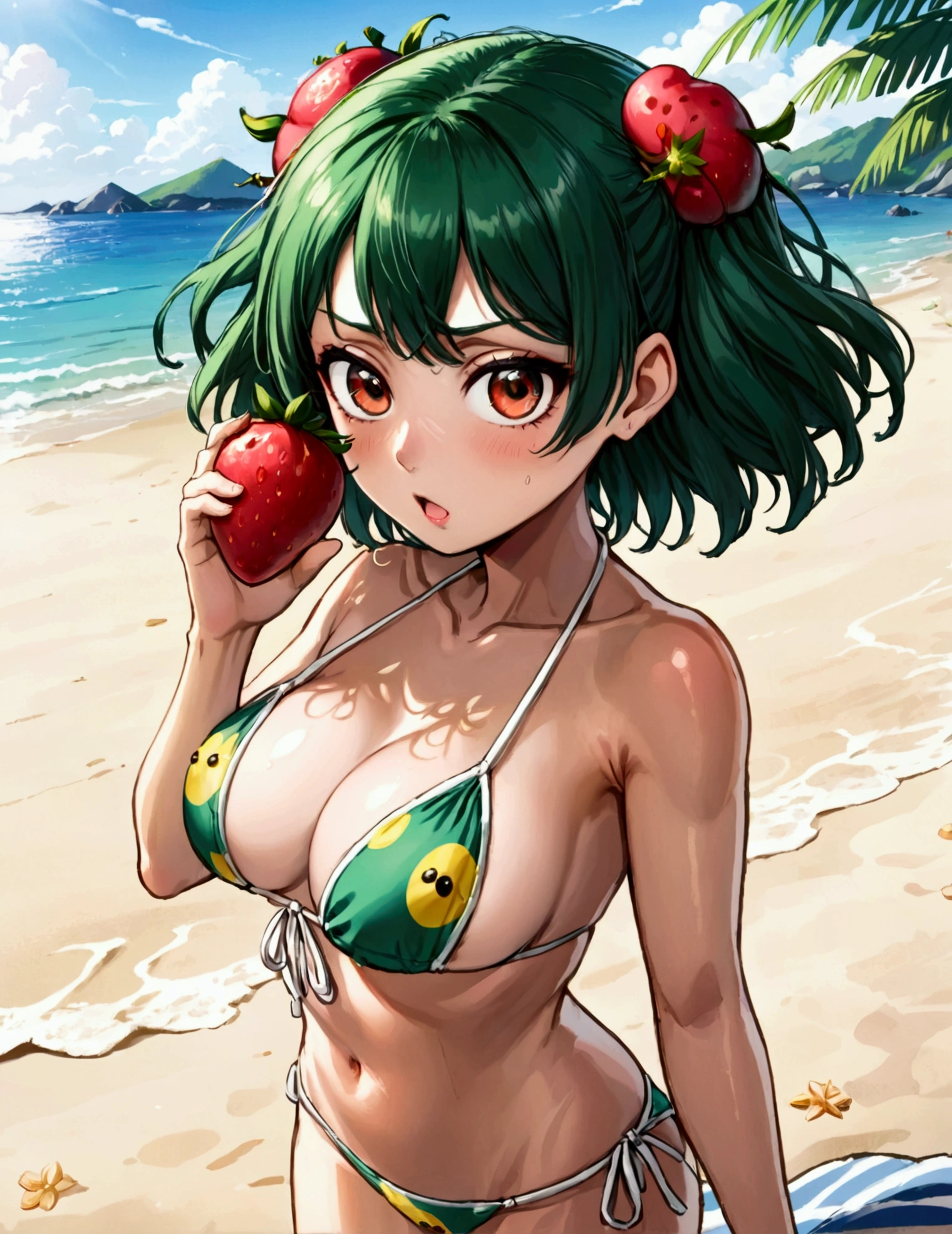 One Punch Man Tatsumaki (hyper realistic, age 17, big eyes, sexy 2 piece bikini) looking disappointed at viewer, holding one strawberry. beach, japan, show all of her head to toe
