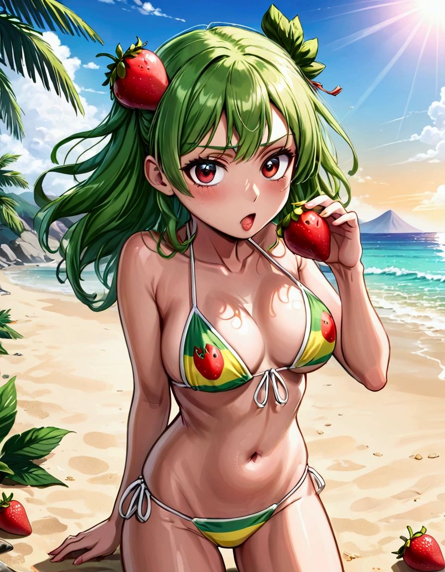 One Punch Man Tatsumaki (hyper realistic, age 17, big eyes, sexy 2 piece bikini) looking disappointed at viewer, holding one strawberry. beach, japan, show all of her head to toe
