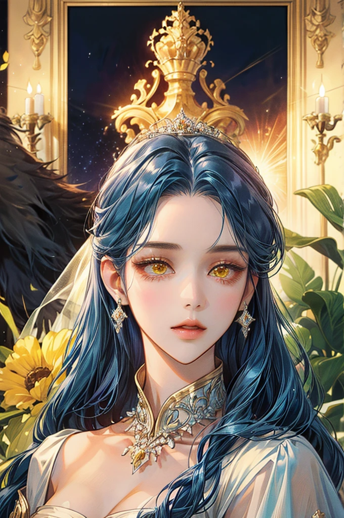 beautiful woman wearing a luxurious dress, like a princess, portrait, manhwa style, long dark blue hair, yellow eyes, lighting