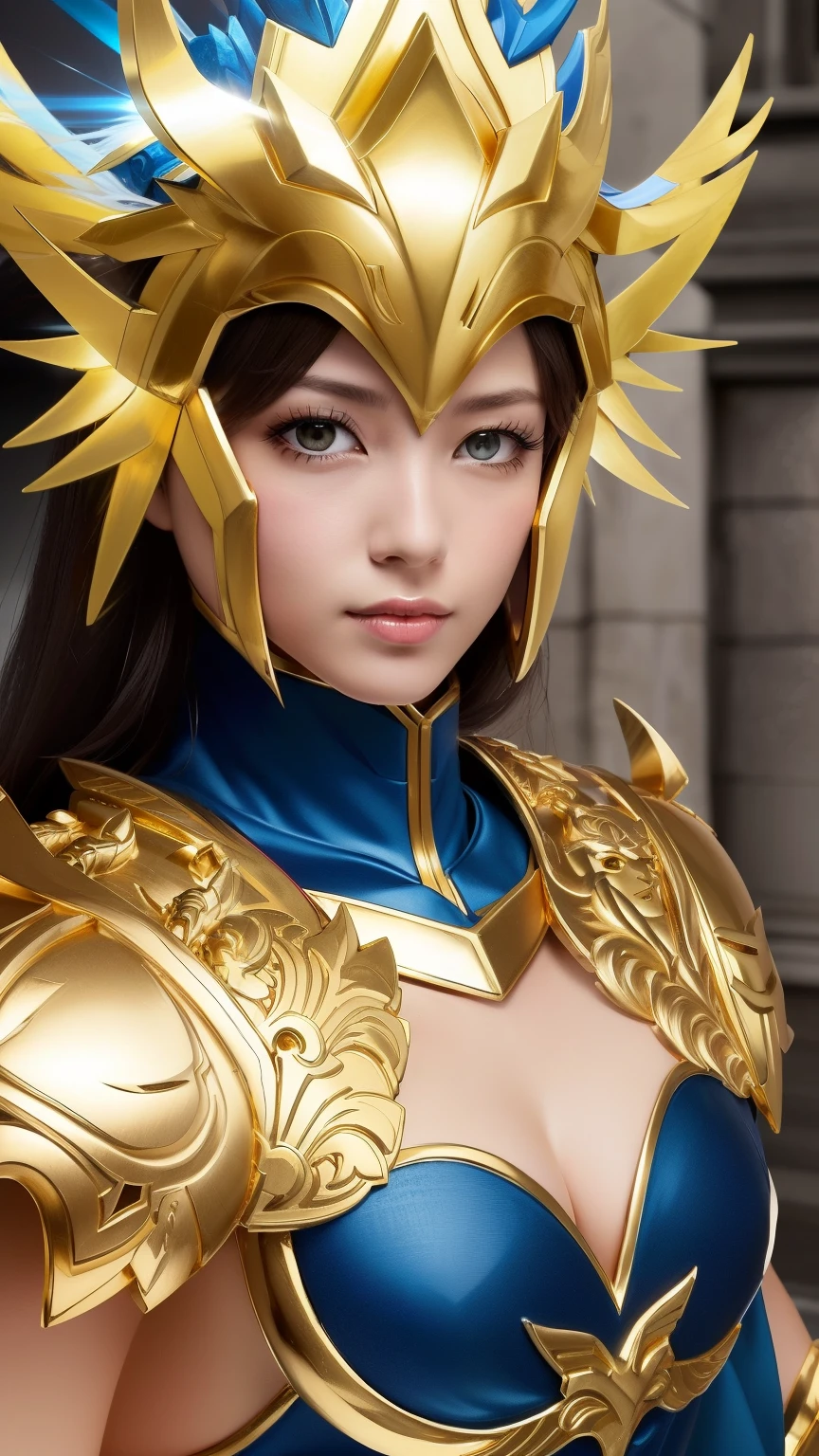 professional , masterpiece、Top quality、Photo-realistic , 、Top quality、Ultra-high resolution、(Photorealistic:1.4)、RAW photos、Depth of Field （Gemstone gold metal body:1.9),(Matte white、Tostock、Cleavage、（Cleavage）、(((Saint Seiya Gold Armor))),（Detailed dragon armor）、（Have the strongest weapon）、（(Random hairstyle 1.6),Dark Fantasy,）explode、Fierce battles、（Steep cliffs),dragon gold weapon,Mysterious Expression、Light Particles、Battle Dragon、（Detailed dragon helmet),Ornate silver weapon ,（（ Dragon&#39;s dense pattern Tianwu treasure wheel）） , Beautiful wheel-shaped weapon ,Warhammer 40k ,Details and gorgeous crowns、（（Blue Hair））、（Castle Background）、、（（Gungar forest background））、Beautiful Asian Japanese cute beauty、１one person、Dynamic Angle,(((With detailed shielding)))、Head high、170 height、a smile、Castle Background、Slender and beautiful female hands、Cleavage、Soldiers in armor in the background、Mysterious Expression、Lighting Effects、Fierce battles、Wind Effect、Magic Circle、With the legendary wand、（Devil Wings）、Tostock、