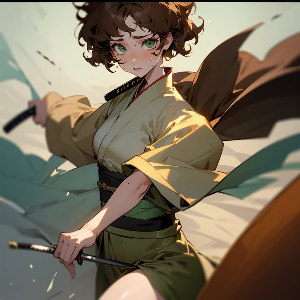 light skin girl, green eyes, short hair, Brown hair, curly hair, moles on the face, dressed provocatively, with a katana in hand. crying, walking. Looking at a fixed point. kimono.