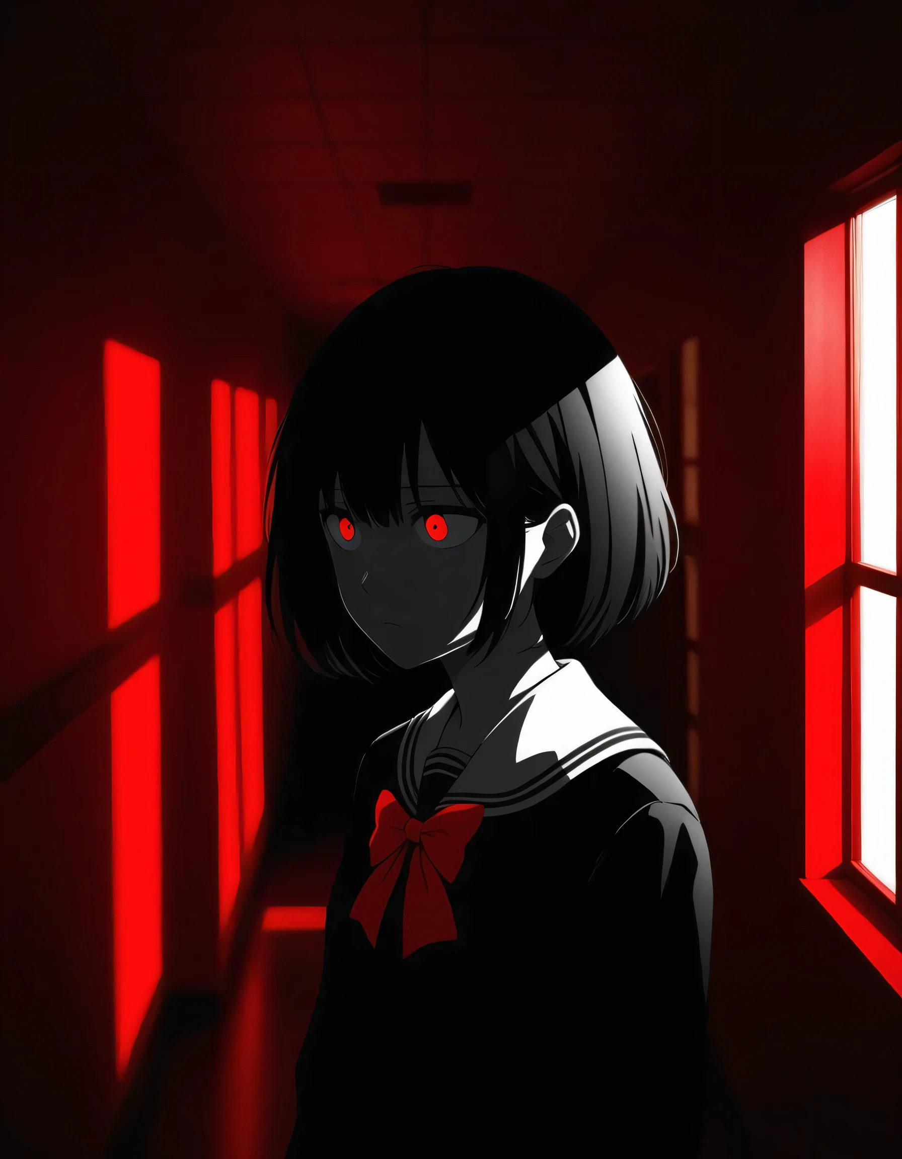 Anime girl with (short black hair:1.1), school uniform with red bow, (silhouetted against a red, window-lit hallway:1.3), mysterious aura, dramatic shading, high contrast, intense and somber mood, (text overlay: ".is you.":1.1), psychological thriller vibe, (shadowed face with a hint of light on eyes:1.2), suspenseful atmosphere.