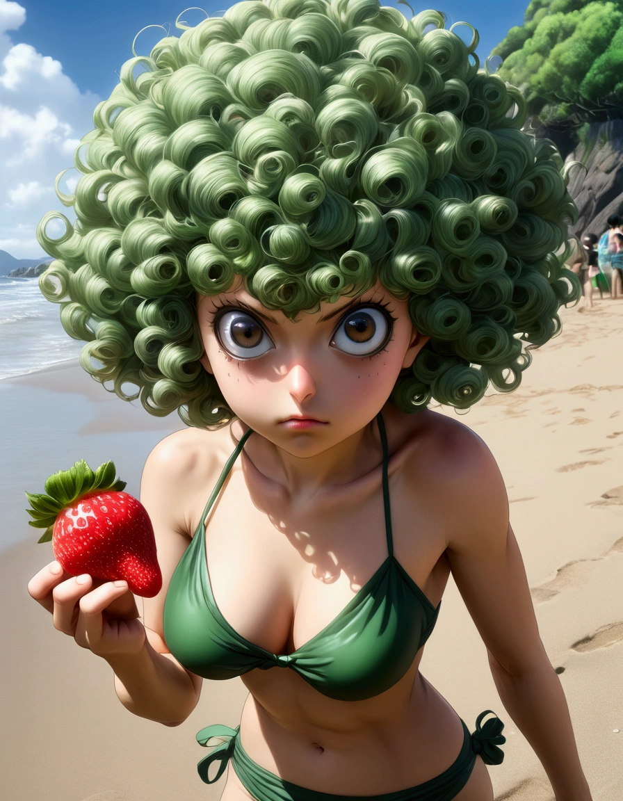 One Punch Man Tatsumaki (hyper realistic, age 17, big eyes, sexy 2 piece bikini) looking disappointed at viewer, holding one strawberry. beach, japan, show all of her head to toe
