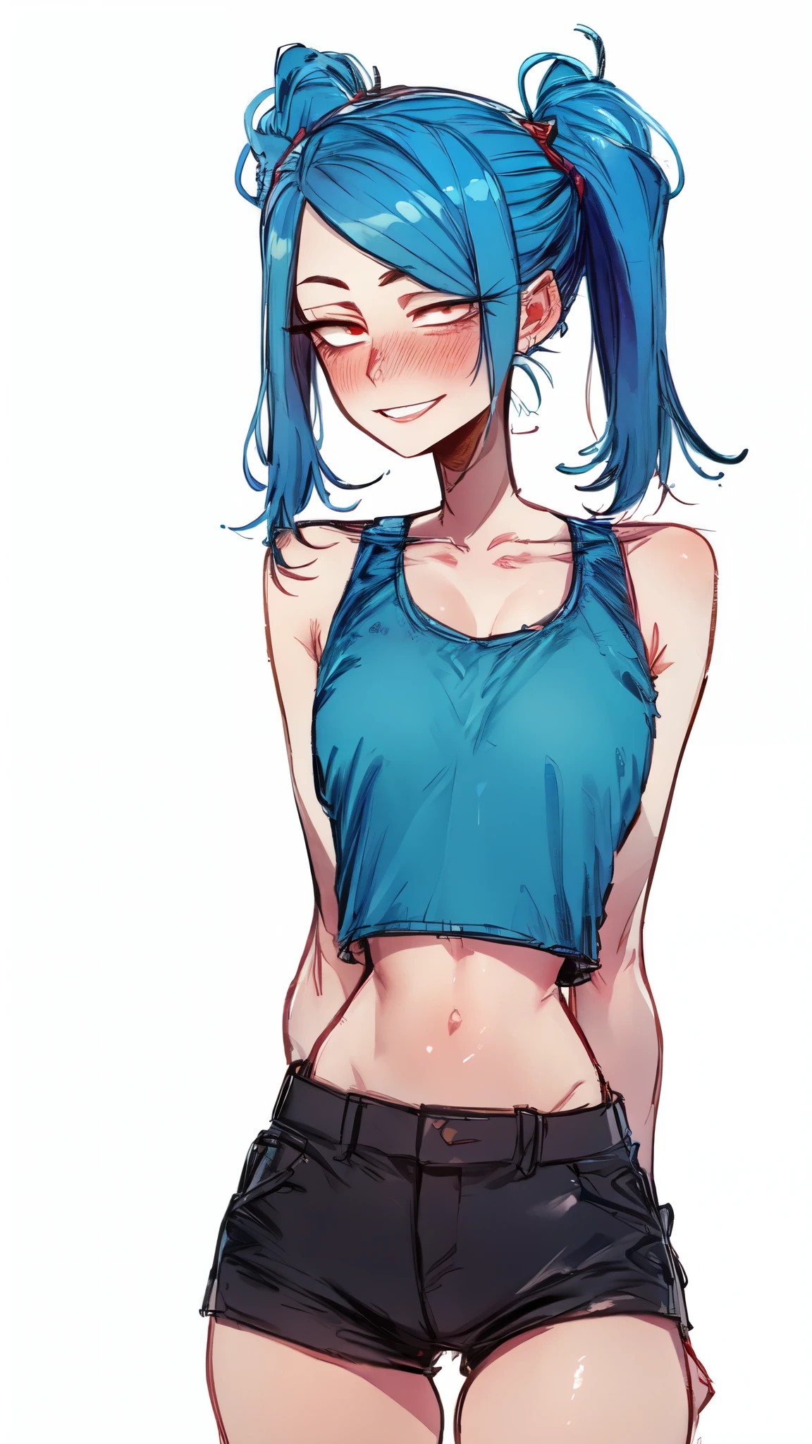 girl, blue hair, twintails, long hair, curls, gradient eyes, two tone eyes, perfect skin, perfect lighting, simple white background, seductive smile, sleeveless, extremely detailed eyes, collarbone, skinny, slim, long eyelashes, simple background, white background, solo, 1girl, skin blush, arms_behind_back, medium breasts, standing, thighs,
sketch lines, drawing, line art, shading, croptop and shorts,