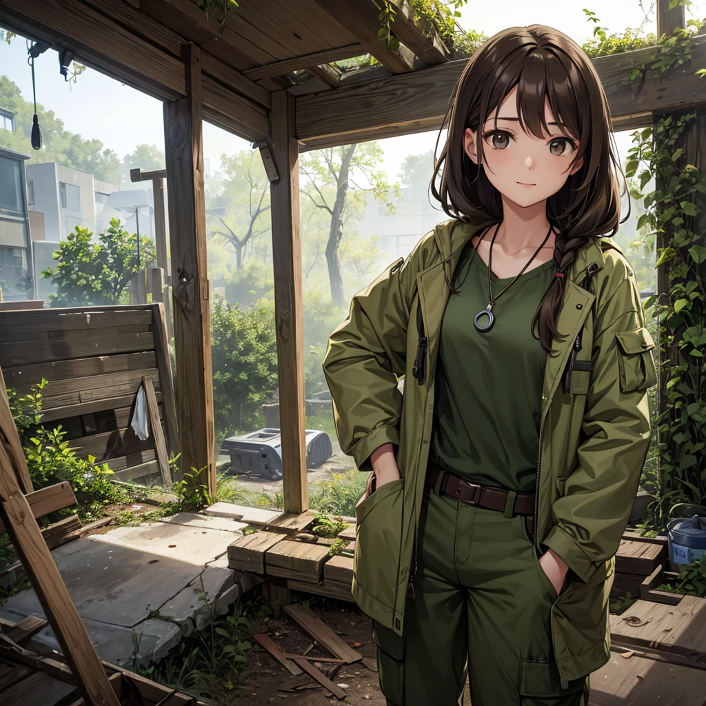 A 26-year-old woman of medium height with a slender yet strong build. She has wavy brown hair cascading over her shoulders and warm hazel eyes that convey empathy and serenity. Her face is kind, with a gentle, comforting smile. Dressed in practical, comfortable clothing suitable for caregiving, she wears a long-sleeve pastel shirt with a sturdy khaki or olive green jacket. Cargo pants with pockets filled with medical tools and supplies. She wears sturdy but comfortable hiking boots. Carries a medical backpack or first-aid bag filled with essentials. A simple necklace with a small pendant of sentimental value and medical gloves peeking from a pocket. Set in a post-apocalyptic environment, showing an improvised shelter or camp where she tends to the wounded. Ruined buildings around her, with signs of life like plants growing and other refugees. The scene conveys hope and recovery. Natalie is helping someone, maybe dressing a wound or comforting a survivor. Realistic art style, warm and welcoming colors with green and earth tones. Soft, diffuse lighting highlights her face, creating a calming and secure atmosphere.