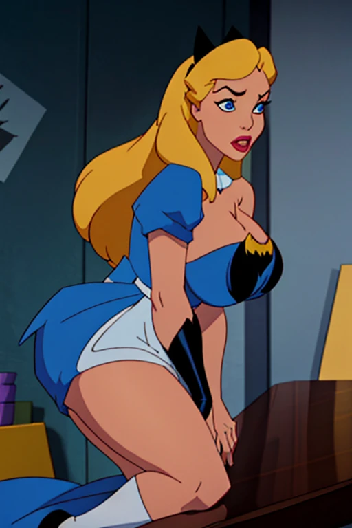 Batman transformed into a docile sexy female bimbo Alice with huge breasts and thick lips