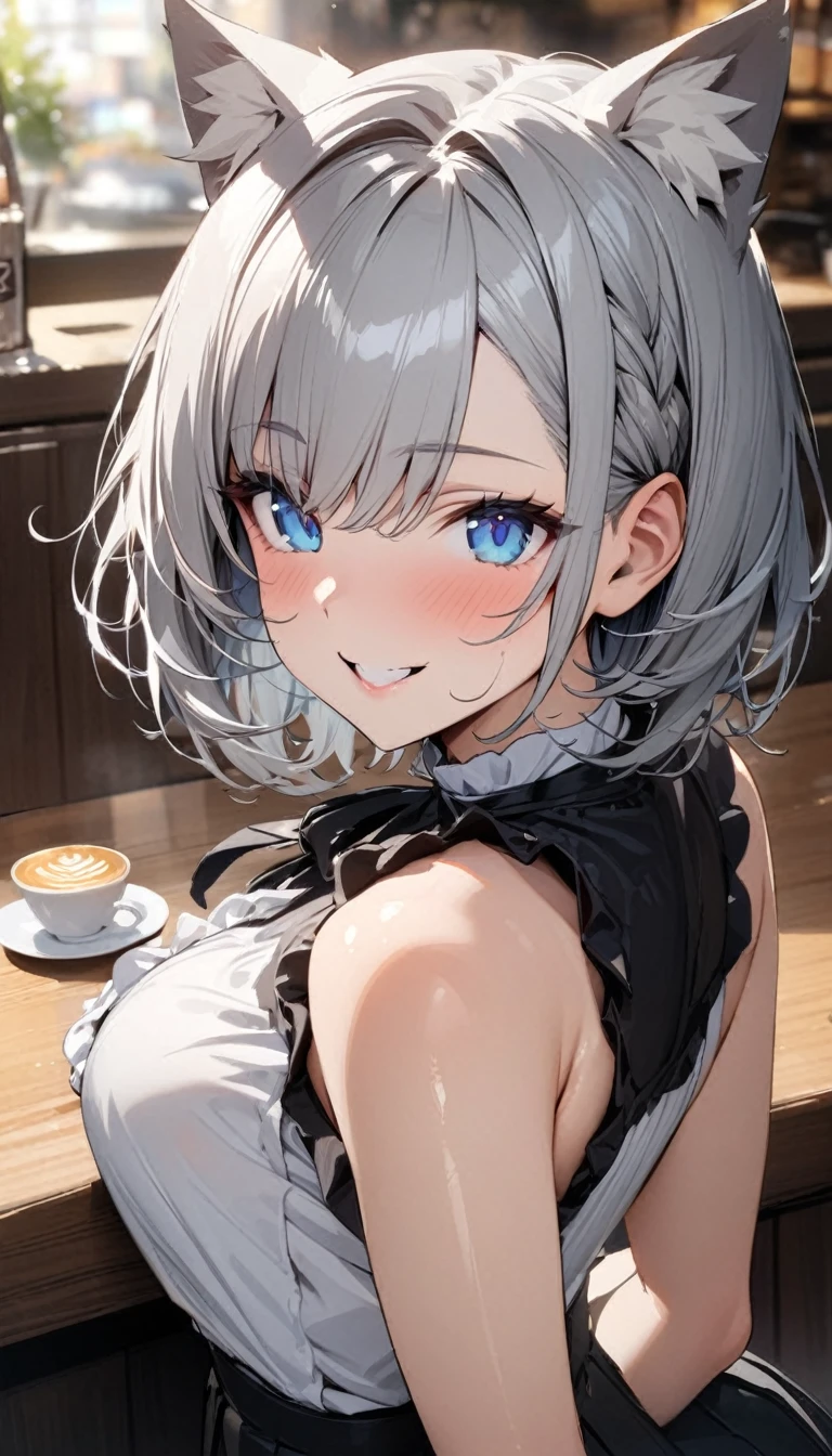 silver bob hair, 1 girl, (((best quality)), ((masterpiece)), (details), masterpiece, best quality, high quality, super detailed, perfect face, ((1 girl, Blue eyes, Cat ears: 1.3 silver bob: 2.5,)),Shiny Hair、Shiny skin、smile、Alluring expression、Lustful、Sleeveless frilled shirt、Black Ribbon、Black pleated skirt、sunny、Cafe