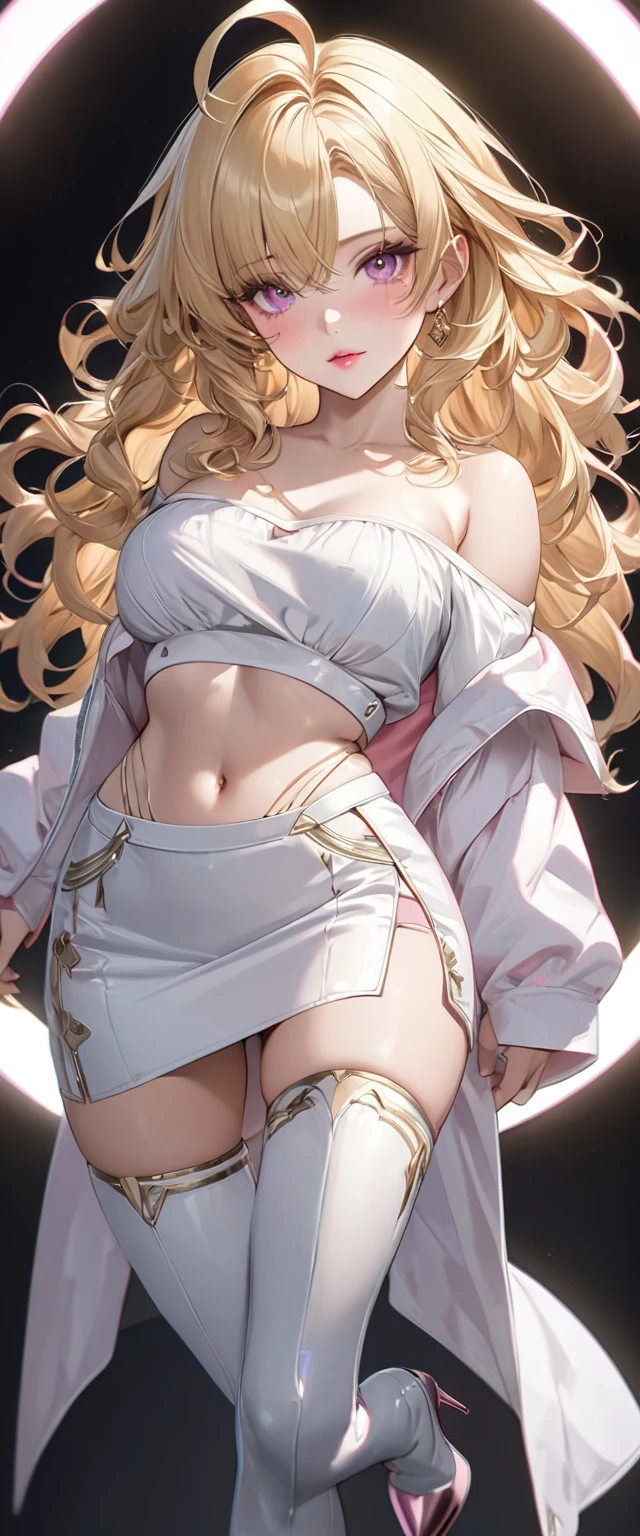 nsfw, (Perfect Anatomy)、Mastepiece、Ultra High Quality、 8k、masterpiece、Highest quality、Ultra-high resolution、Maximum resolution、Very detailed、Professional Lighting、anime、woman、thin、Very beautiful face、Very beautiful eyes、(Highly detailed eye)、Highly detailed face、Blonde, (ahoge), wavy hair, Pink eyes, blonde hair green dip-dye hair, stomach cutout, thigh boots, high heels, white mini pencil skirt, white off shoulder, makeup, eyeliner, eye shadow, pink cheek, pink lips, full body, 