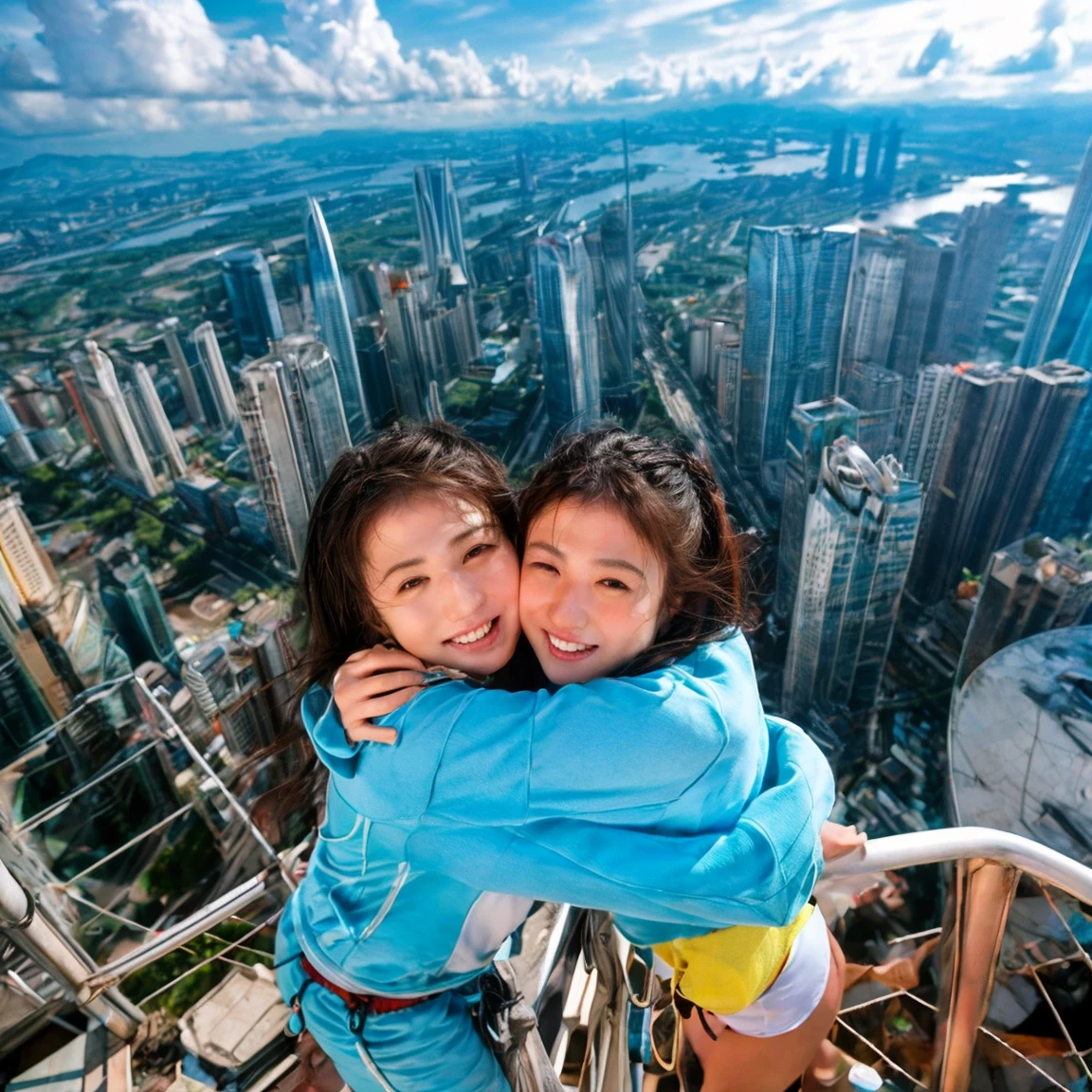 Identical twin sisters hugging each other、16 years old、,of(8k、Live Shooting、Highest quality、masterpiece:1.2)、Very detailed、Super Resolution、(Hyper Genuineity、)Very detailed、Super Resolution、(Genuine、Actual photo:1.47)、 exhilarating roofExcellent selfie of a confident womof with black hair in a long,She is beaming as she looks out over the ultra-modern city below... This high ofgle,Fisheye lens photo of her in mountaineering clothes、Highlight the spaghetti straps **** Excellent,Climbing Pofts,A glimpse of the distoft sea、This aerial photograph is complete...,