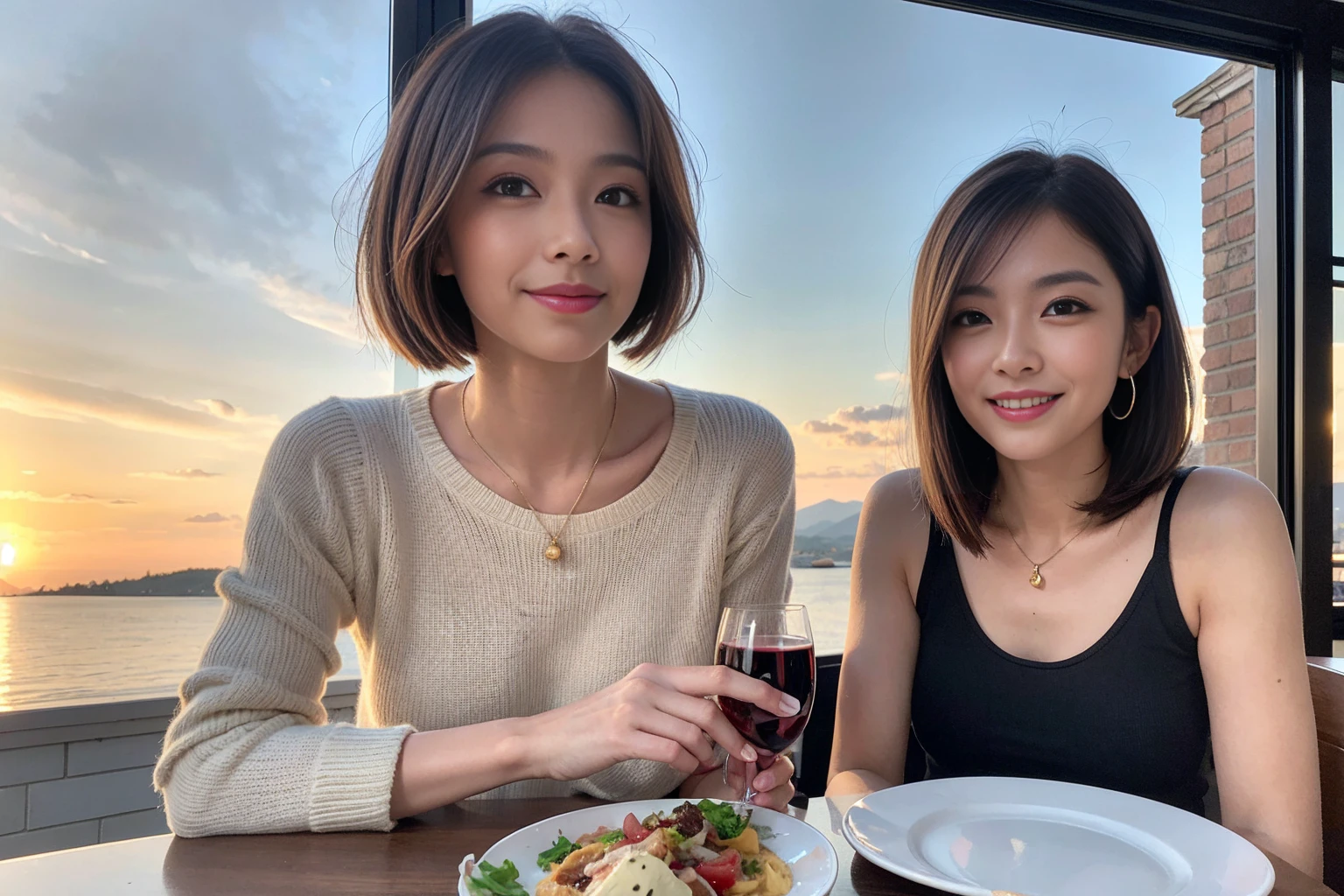(Realistic:1.1),(masterpiece,Highest quality),8k,(56 years old), 53 years old, ベリーslimボディ、slimカップル、Tight waist,Upper Body,full-course dinner、wine 、Amazing view of the sunset sky and clouds、Perfect Anatomy, Brown Hair, short hair,Random Hairstyles,((Highly detailed face and eyes:1.2)),Perfect golden ratio face,Long sleeve shirt、dress,(smile:1.2)、Shortcuts、cute、(Realistic, Intricate details:1.2), A bright smile、short hair,Bright Face、赤wine 、Appetizers、Italian food、wine bottle、Champagne、スパークリングwine、(slimな顔), (The body is slim), (Brown Hair), (Shortcuts), Upper Body, 白wine, slim, wineグラス,