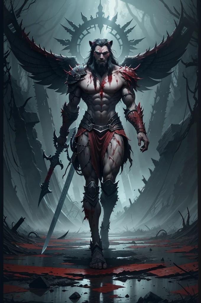 Varkas the Unbroken stands amidst the carnage of the battlefield, his eyes scanning the horizon for any remaining foes. The stench of blood and steel hangs thick in the air, but Varkas remains unfazed. He raises his massive sword, still dripping with the crimson essence of his fallen enemies, and lets out a thunderous roar that echoes across the desolate landscape.