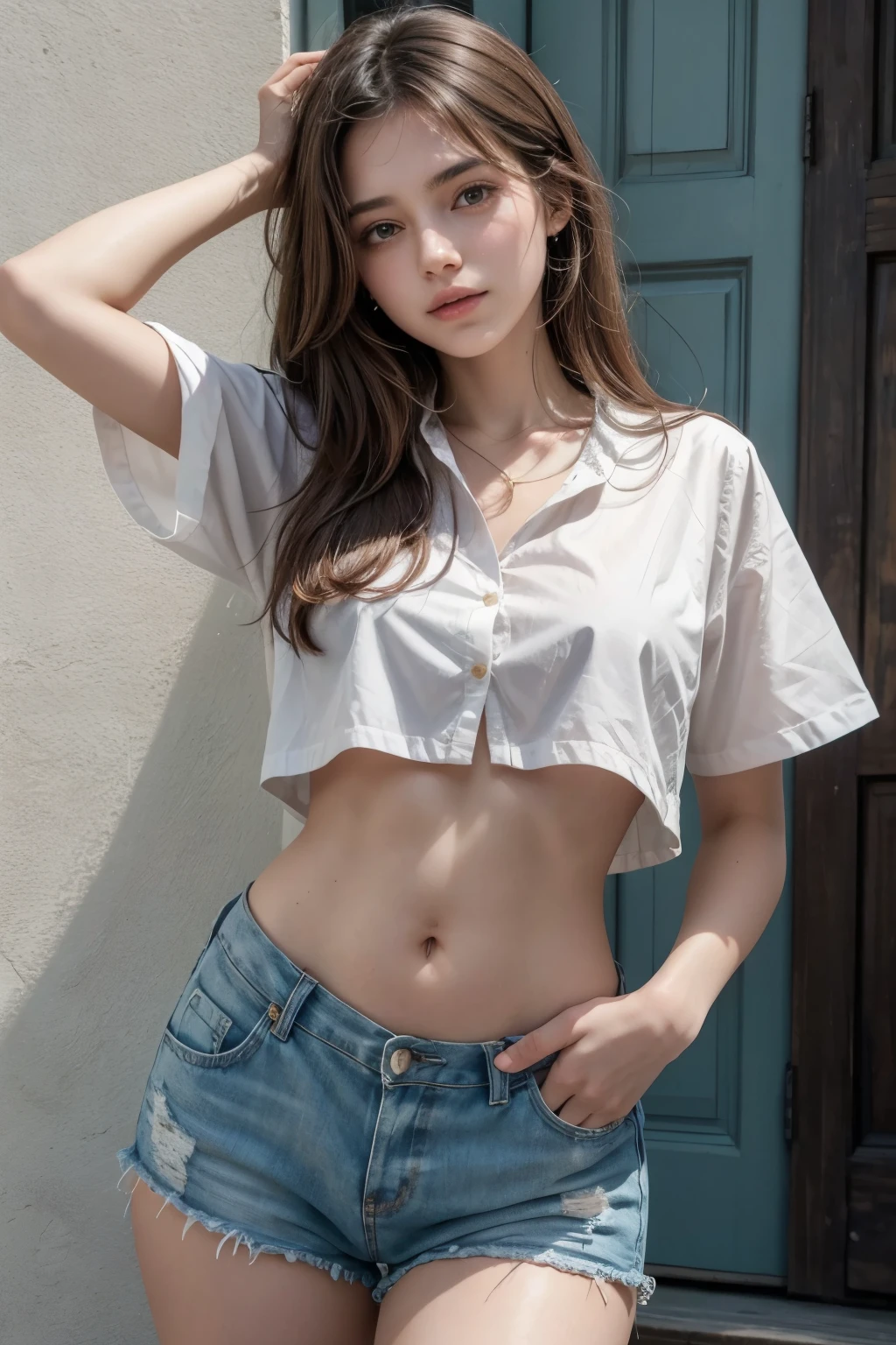 Beautiful 18 year old brunette girl wearing a blouse with one hand on her waist and the other hand on her head and wearing shorts with four buttons and her navel showing