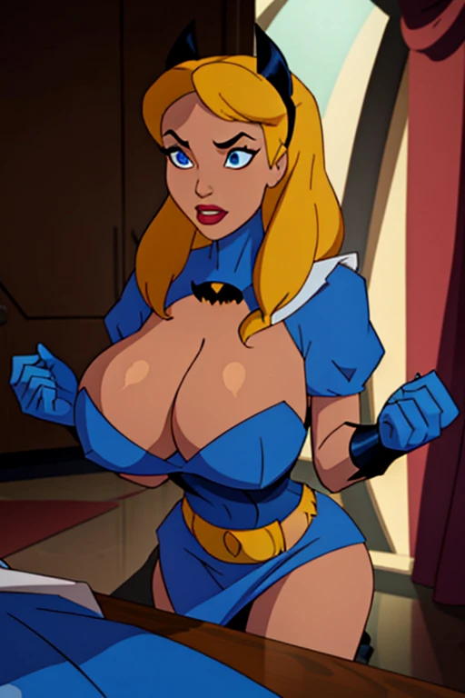 Batman transformed into a docile sexy female bimbo Alice with huge breasts and thick lips