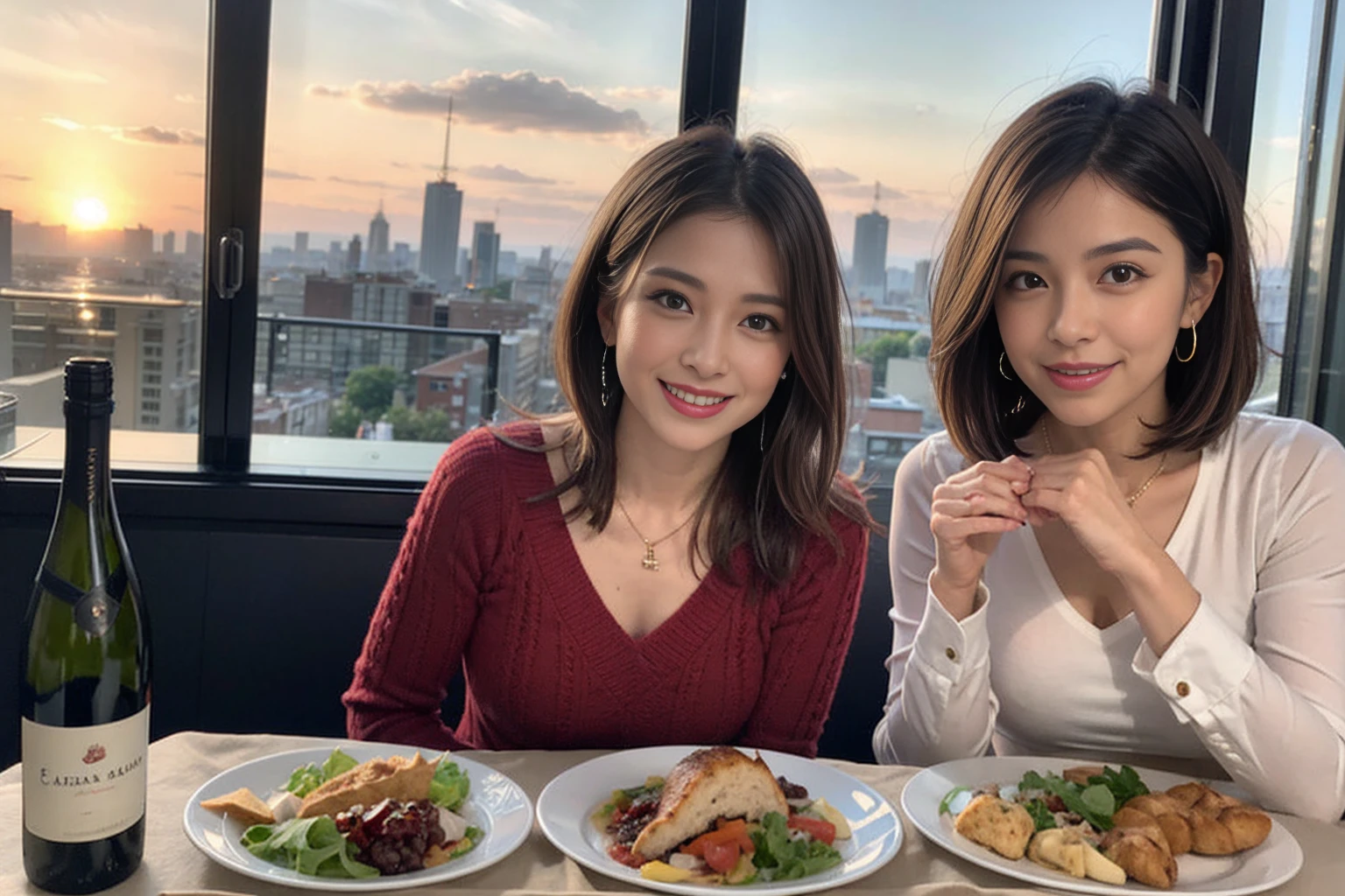 (Realistic:1.1),(masterpiece,Highest quality),8k,(56 years old), 53 years old, ベリーslimボディ、slimカップル、Tight waist,Upper Body,full-course dinner、wine 、Amazing view of the sunset sky and clouds、Perfect Anatomy, Brown Hair, short hair,Random Hairstyles,((Highly detailed face and eyes:1.2)),Perfect golden ratio face,Long sleeve shirt、dress,(smile:1.2)、Shortcuts、cute、(Realistic, Intricate details:1.2), A bright smile、short hair,Bright Face、赤wine 、Appetizers、Italian food、wine bottle、Champagne、スパークリングwine、(slimな顔), (The body is slim), (Brown Hair), (Shortcuts), Upper Body, 白wine, slim, wineグラス,