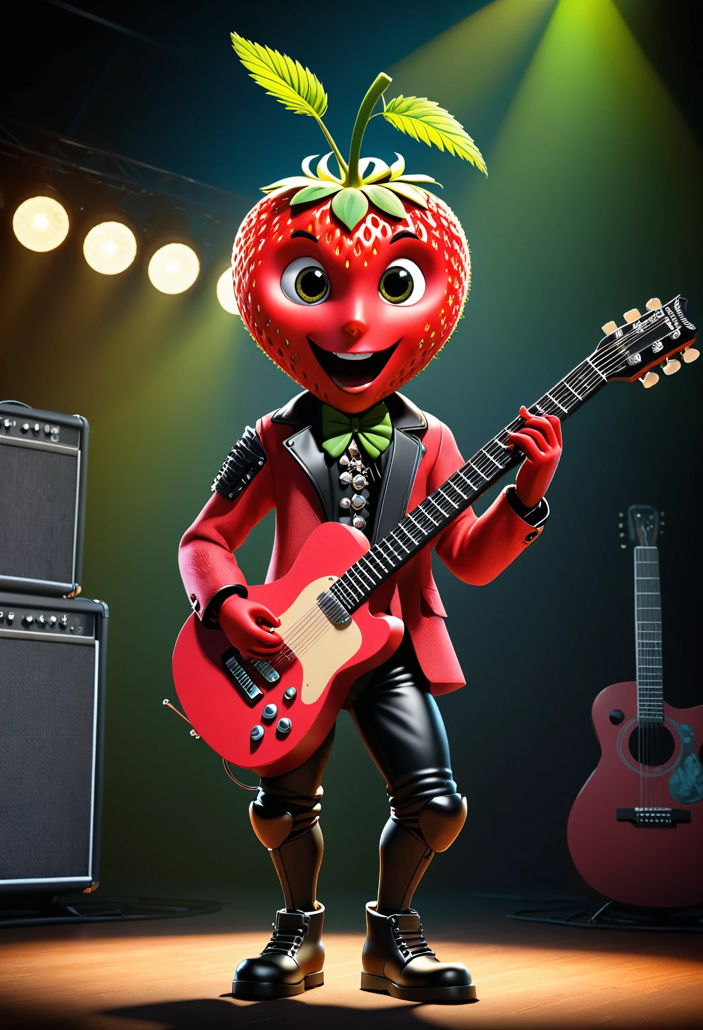 photorealistic portrait of anthropomorphism of strawberry, (full body image:1.5),,(holding a guitar:1.5),modern punk-rock style, stage lighting, intricate ornate accessories, stage background