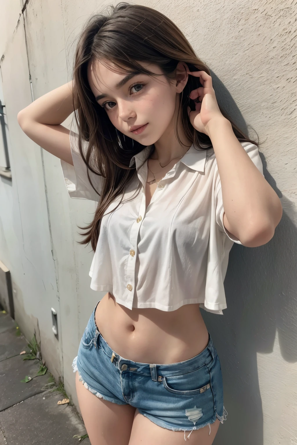 Beautiful 18 year old brunette girl wearing a blouse with one hand on her waist and the other hand on her head and wearing shorts with four buttons and her navel showing
