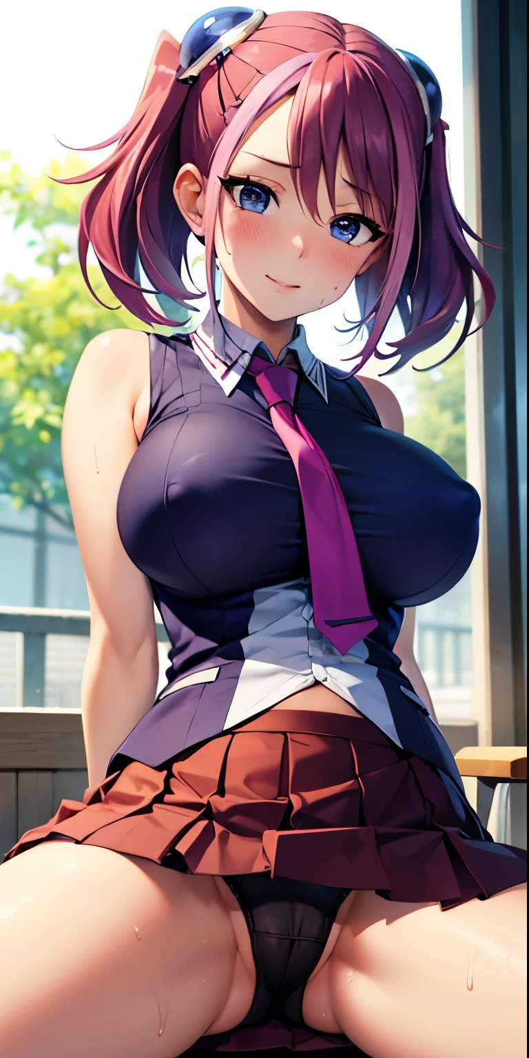 1 Female,High definition,high resolution,Ultra-realistic,8K, hy1, hair ornament, multicolored hair, necktie,pink skirt,tight skirt, miniskirt ,sleeveless, school uniform, jewelry,European,sexy,Upper body close-up,Photographed from the front,Dynamic Angles,blush, big tits , happy, wink the eye,facial, sweat,(wide thighs:1.4),(black panties),(show panties),(spread legs),(cameltoe),huge tits
