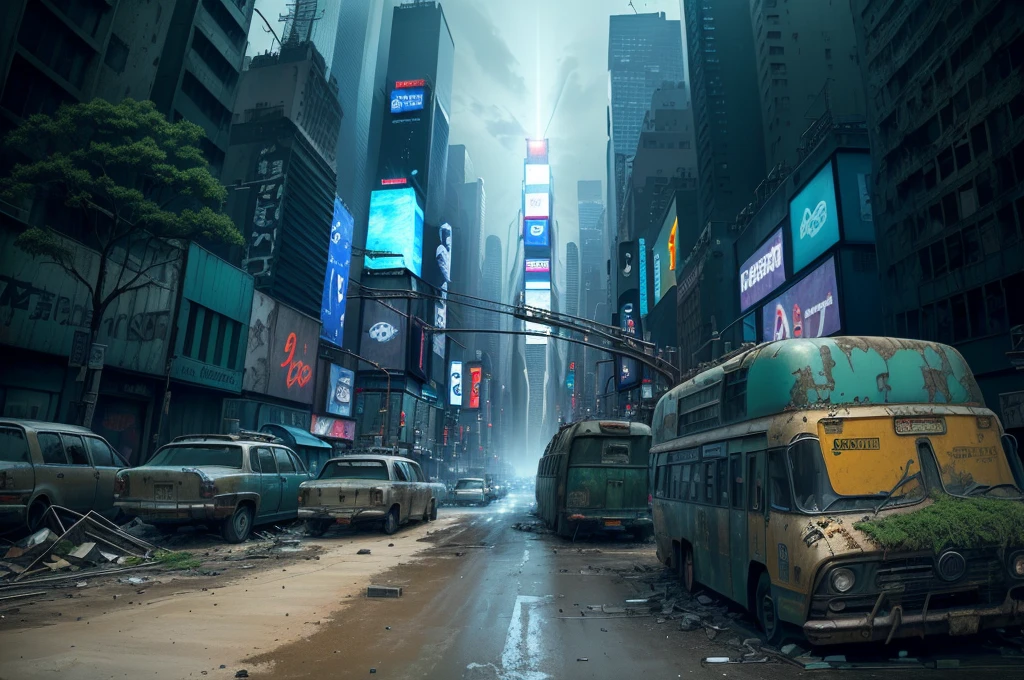 There are many cars parked on the roadside, Post-apocalyptic New York, Cities are pure wastelands, post - Doomsday City streets, in a post Doomsday City, Doomsday City, Post-apocalyptic Tokyo, Post-apocalyptic Times Square, In a ruined cityscape, In a tropical dystopic city, Doomsday City backround, Detailed New York background, post apocalyptic streets