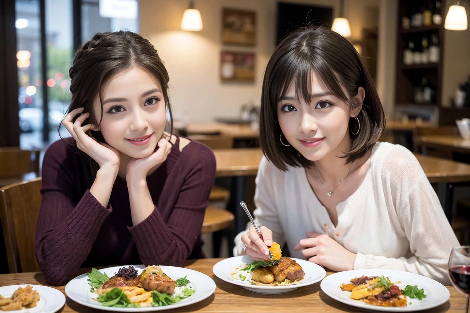 （Realistic:1.1）,(masterpiece,Highest quality)，8k,(56 years old), 53 years old, ベリーslimボディ、slimカップル、Tight waist,Upper Body,full-course dinner、wine 、Amazing view of the sunset sky and clouds、Perfect Anatomy, Brown Hair, short hair,Random Hairstyles,((Highly detailed face and eyes:1.2))，Perfect golden ratio face，Long sleeve shirt、dress,(smile:1.2)、Shortcuts、cute、(Realistic, Intricate details:1.2), A bright smile、short hair,Bright Face、赤wine 、Appetizers、Italian food、wine bottle、Champagne、スパークリングwine、(slimな顔), (The body is slim), (Brown Hair), (Shortcuts),  Upper Body, 白wine, slim, wineグラス, 