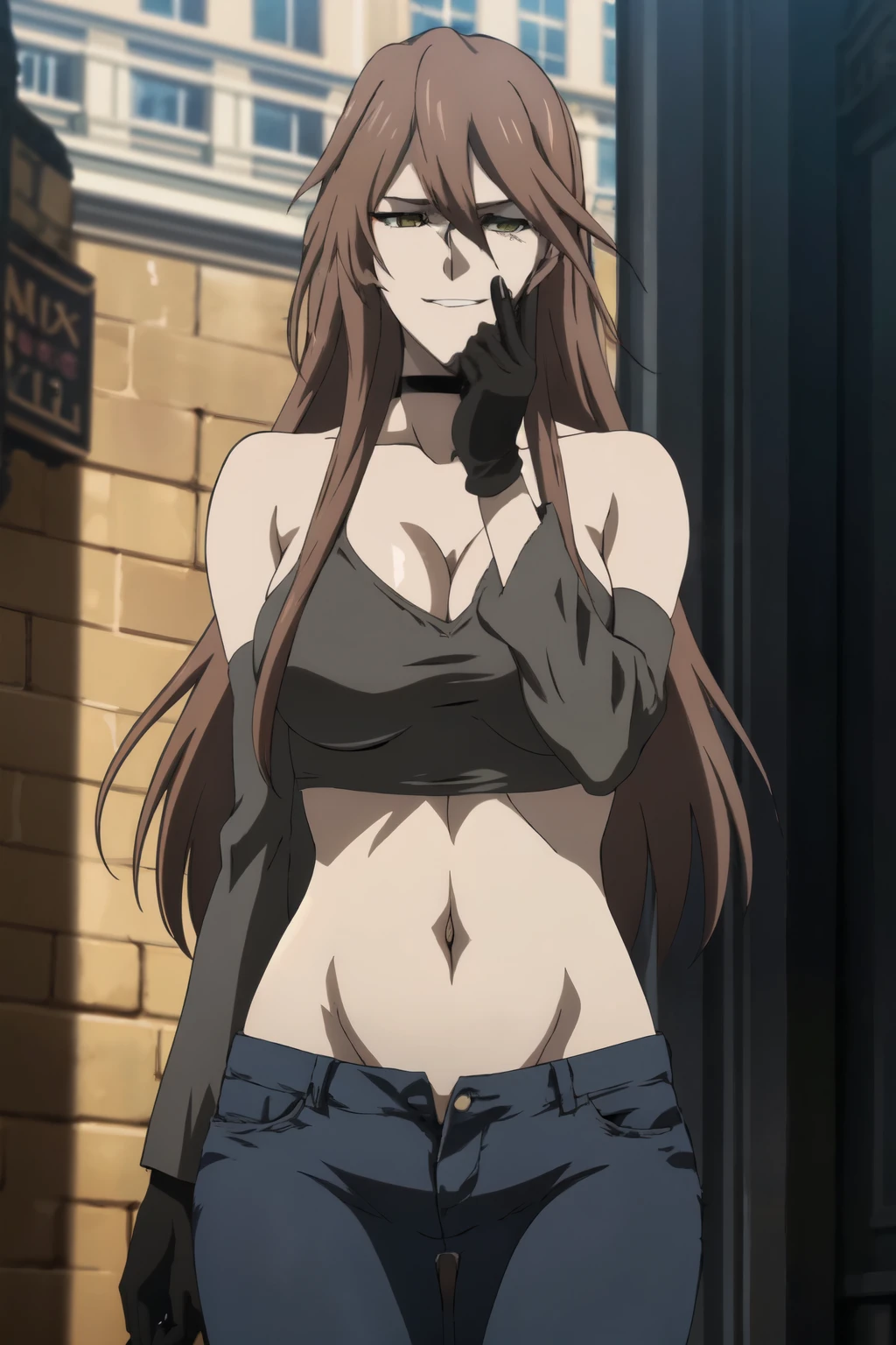 , (anime:1.4), 1girl, solo, claudia_synduality_noir, brown hair, purple eyes, , ponytail, masterpiece, best quality, highly detailed, a girls with a gun, evil smile , open mouth, sexy gaze, badass
pose , evil smile, smile, (nsfw) not safe for work, guns blazing, anime girl with long hair, beautiful long
haired girl, navel, evil expression, exposed belly, exposed navel, exposed midriff, exposed lower belly,
long black pants, crop top, cleavage, unbuttoned leather pants ,open fly, low rise black leather pants,
leather jacket, holding a gun, outdoor,street,road, , lipstick,open arms sideway, arms T-pose, smirk, standing, anime girl T posing