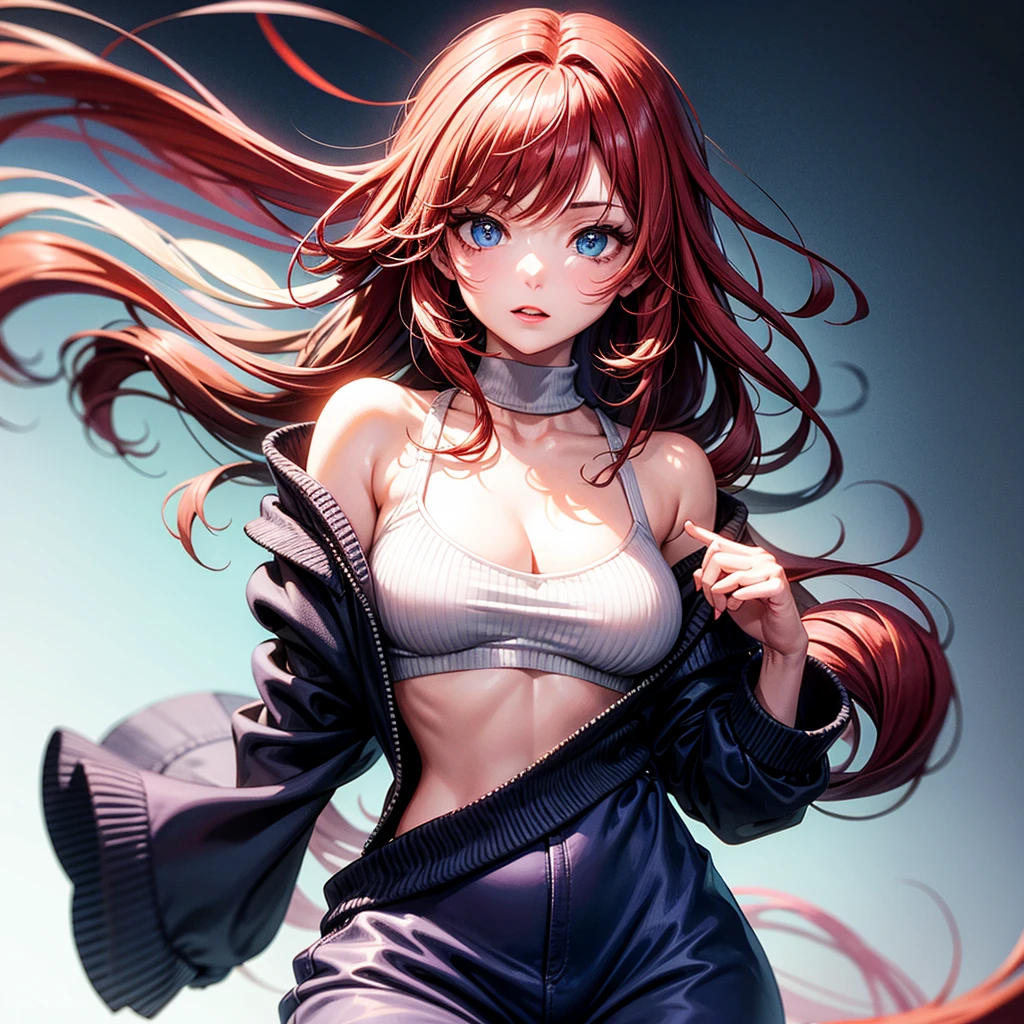 Miss, Large Breasts, Red hair, blue eyes, Transparent sweater, Small chin  
