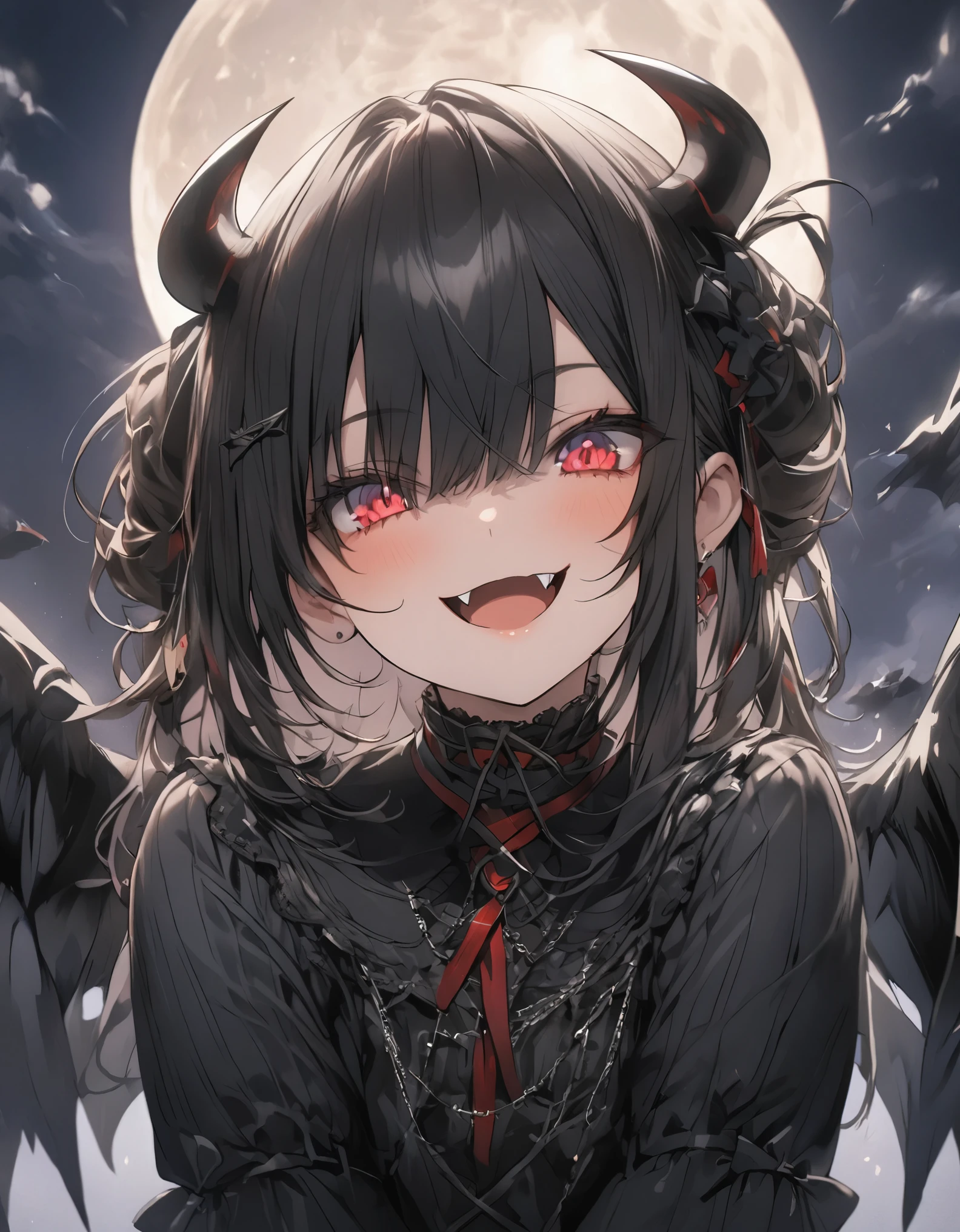Masterpiece、Black Hair、Delicate eyes、smile、Tied up hair、Black wing,(((Devil)))、Gothic lolita,Upper Body、night、full moon, fang